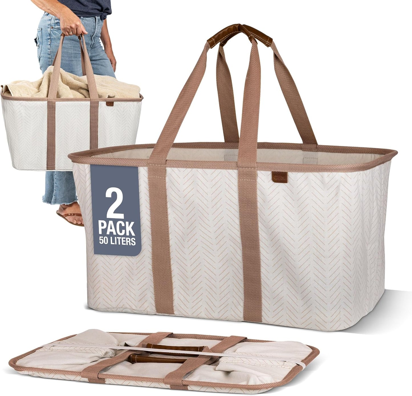 CleverMade Collapsible Laundry Tote LUXE, 50L Carry-All Tote, 2 Pack, Mocha | Bring a Polished Look to Laundry Day | Cotton-Blend Fabric and Vegan Leather Pair with Long Handles and 55 lb Support