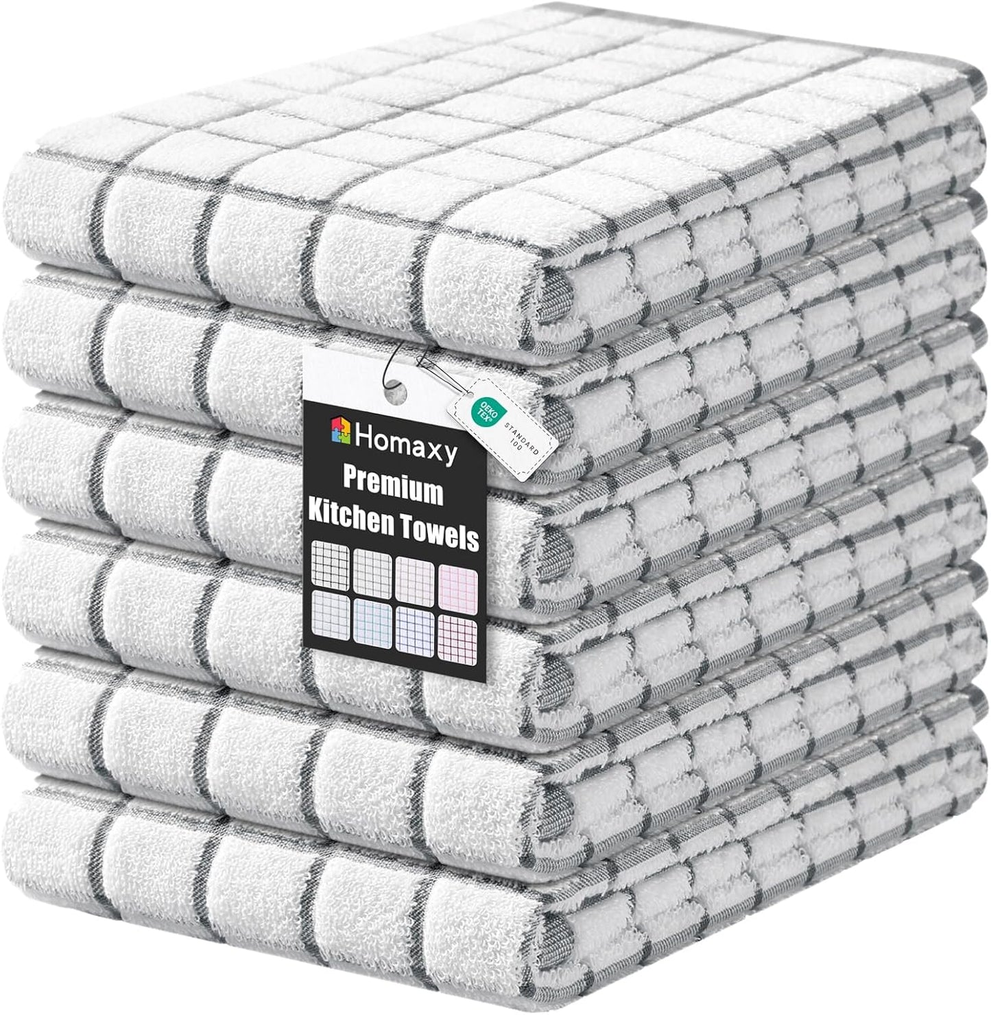 Homaxy Premium Kitchen Towels(16”x 28”, 6 Pack), Large Ring Spun Cotton Dish Towels, Super Absorbent Soft Terry Kitchen Hand Towels, Check Design Tea Towel Set with Hanging Loop, Grey