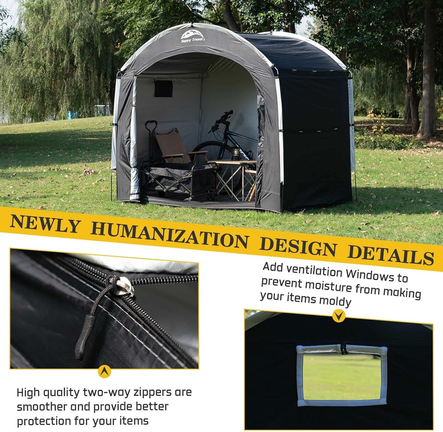Happy Travel Bike Storage Shed Tent,Outdoor Portable Bicycle Storage Sheds with 210D Oxford Fabric PU4000 Waterproof for 2/3/4/6/8 Bikes,Bike Covers Shelter for Motorcycle,Garden Tools,Toys,Lawn Mower