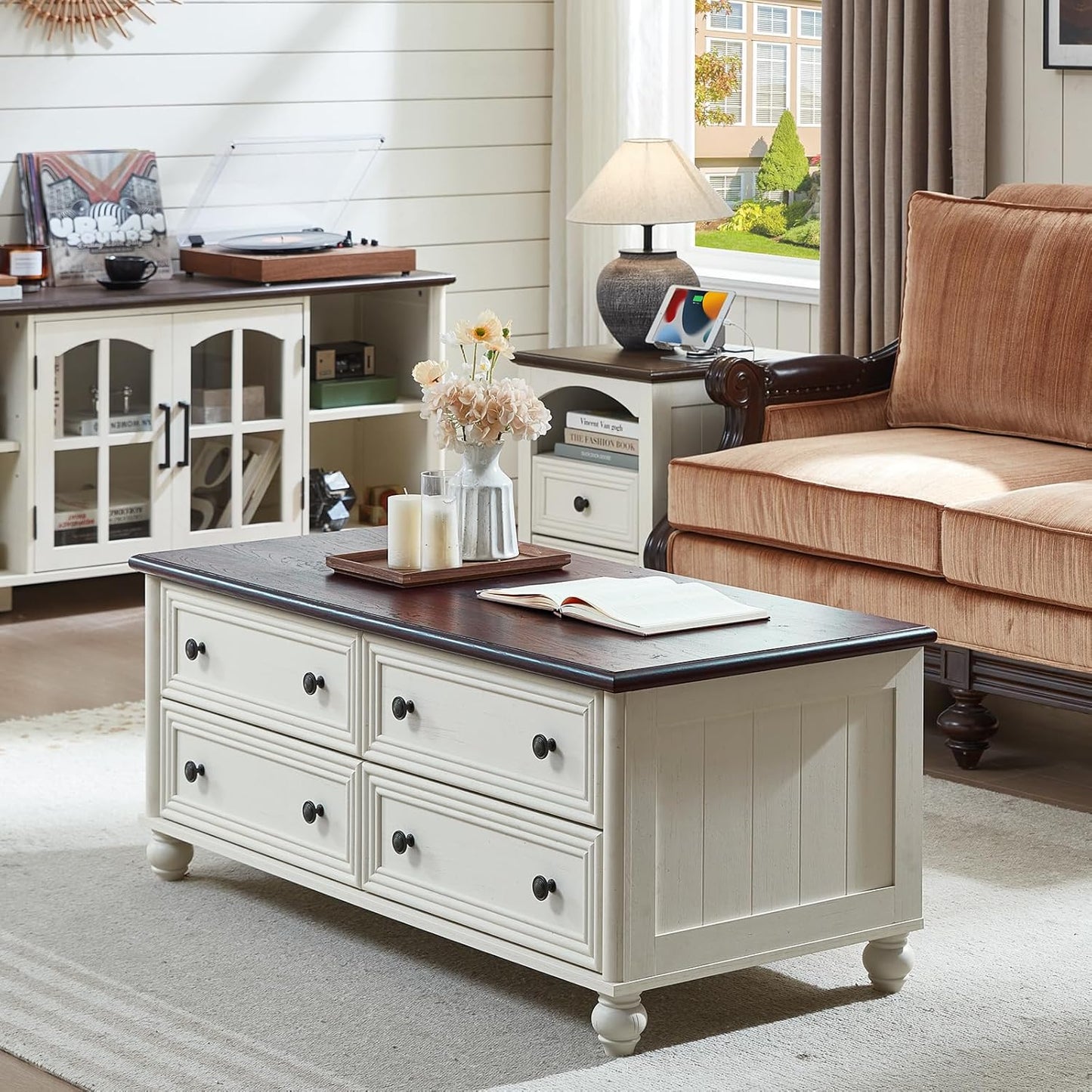 RWYHG 48" Farmhouse White Coffee Table, Center Table with 4 Drawers | High Capacity Hidden Storage, Smooth Roman Column Handles & Drawers, Solid Wood Sturdy Curved Legs, for Living Room,Office