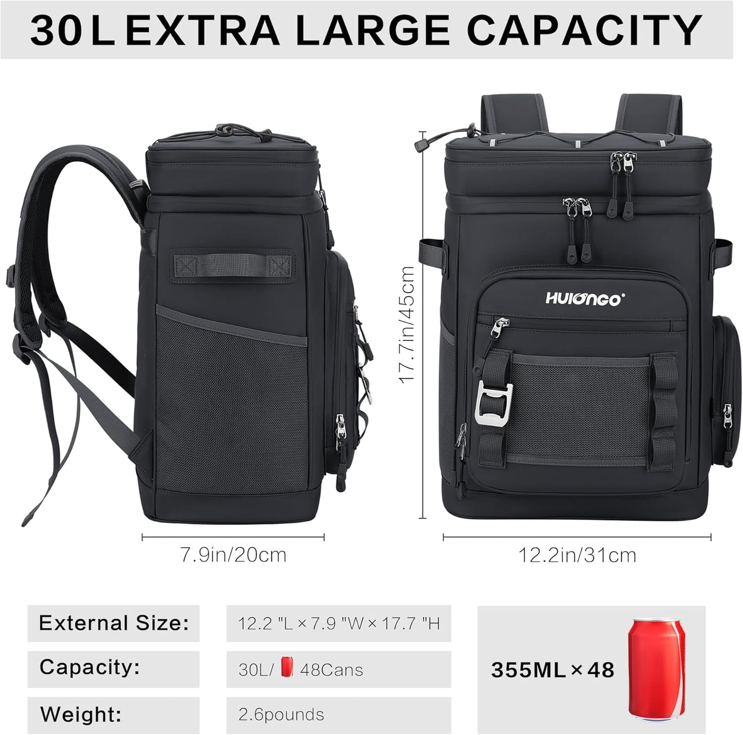 Hulongo Large Waterproof Insulated Cooler Backpack for Men & Women, Leak Proof Cooler Backpack for Camping, Beach, Fishing, Picnic, Travel, Outdoor, 30L, 48Cans