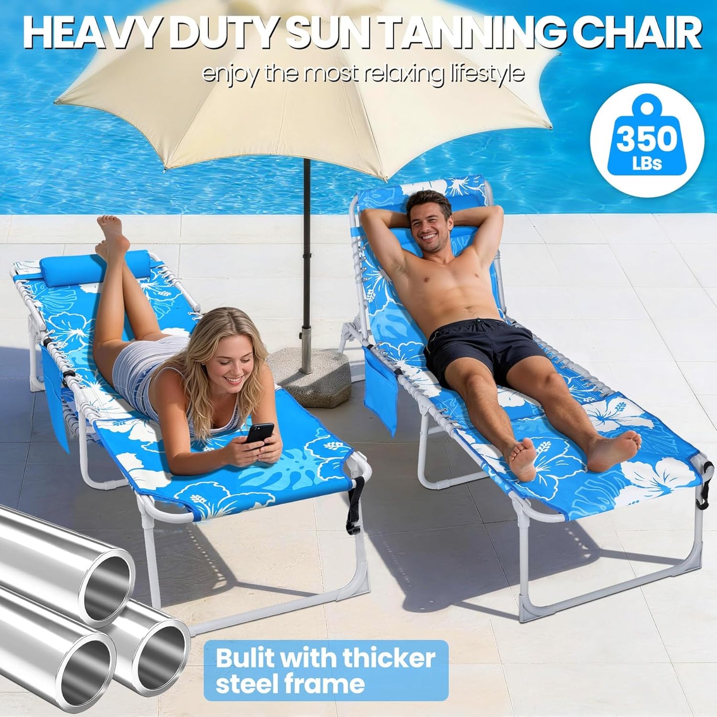 KingSom Sun Tanning Chair with Face Hole,Beach Lounge Chair with Folding Side Table,6-Position Recliner Chaise Lounge Chair,Pool Lounge Chair Outdoor Lay Flat with Pillow & Pocket,Max 350lbs-White