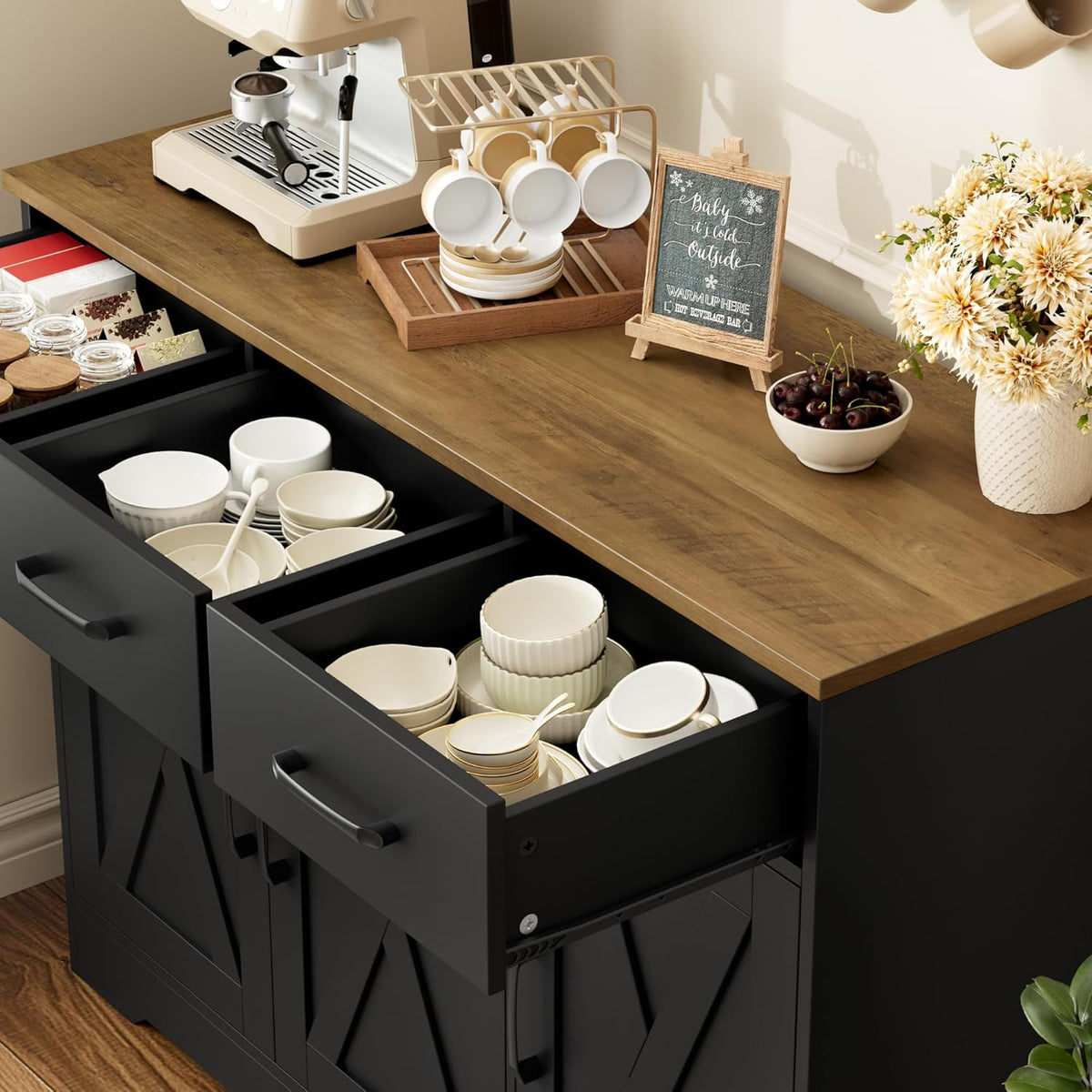 HOSTACK Kitchen Buffet Cabinet with Storage, Sideboard Coffee Bar, Black | Farmhouse Kitchen Storage Cabinet with 3 Drawers & Adjustable Shelf & Doors, 42.5"W Buffet Table for Dining Living Room