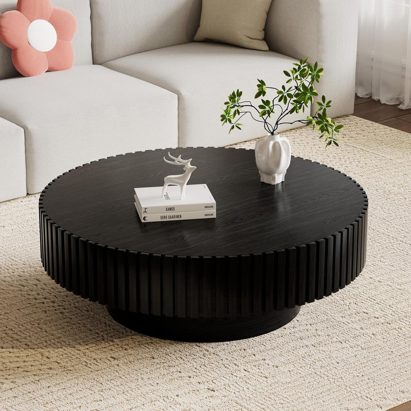 Black Round Fluted Coffee Table for Living Room (31" Round Black) | Handcrafted Relief, Circular Wood Drum Coffee Table, for Office Outdoor