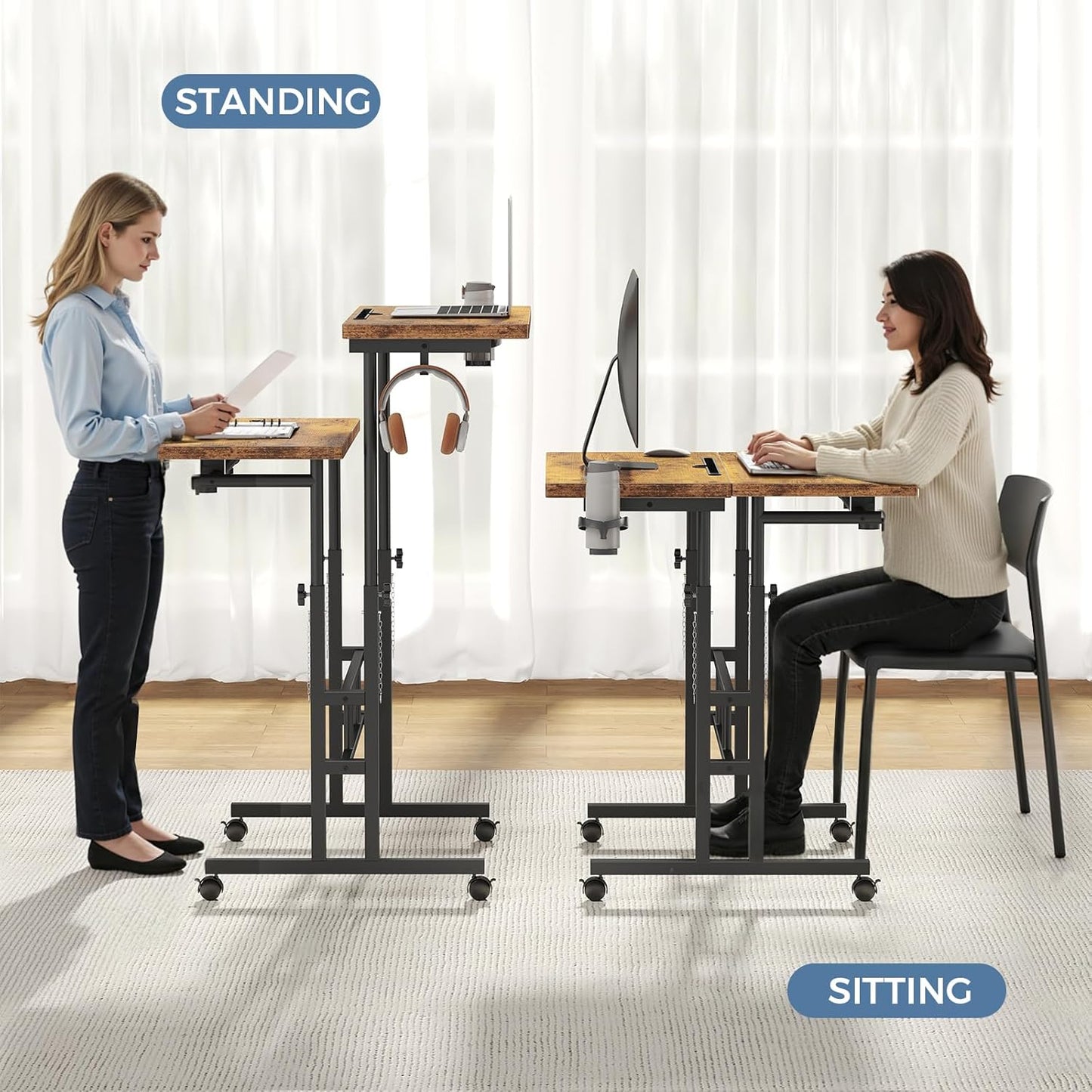 DUMOS Split Top Rolling Standing Desk, 23.6" Mobile Laptop Desk, Manual Height Adjustable Workstation on Wheels, Sit Stand Office Table, Walking Pad Study Desk, Rustic Brown
