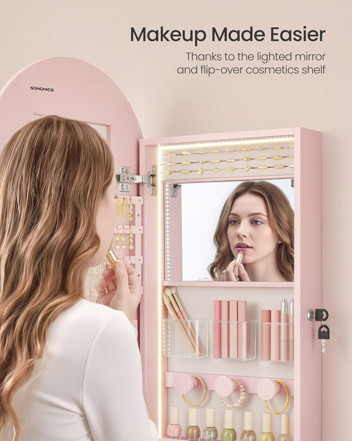 SONGMICS Wide Jewelry Organizer, LED Jewelry Cabinet Wall/Door Mounted, Arched Mirror with Storage, Lockable, Rounded Corner, Interior Mirror, 3.9 x 16.5 x 42.5 Inches, Jelly Pink UJJC020SA01S