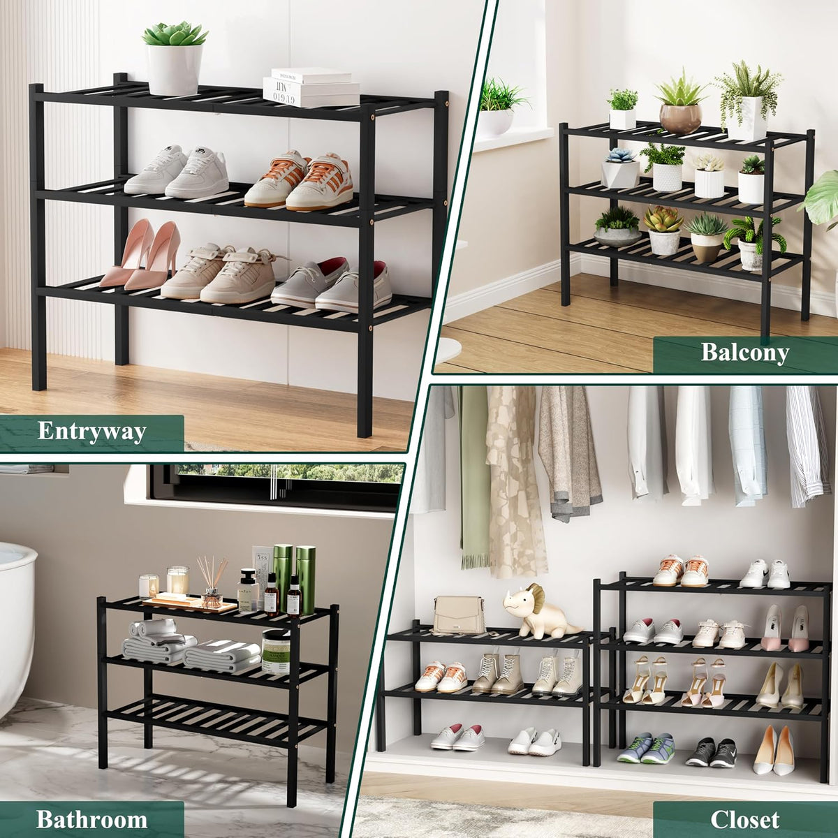 Smiry Bamboo Shoe Rack, 16 Vertical Slats, 3 Tier - 33.7" Wide, Black