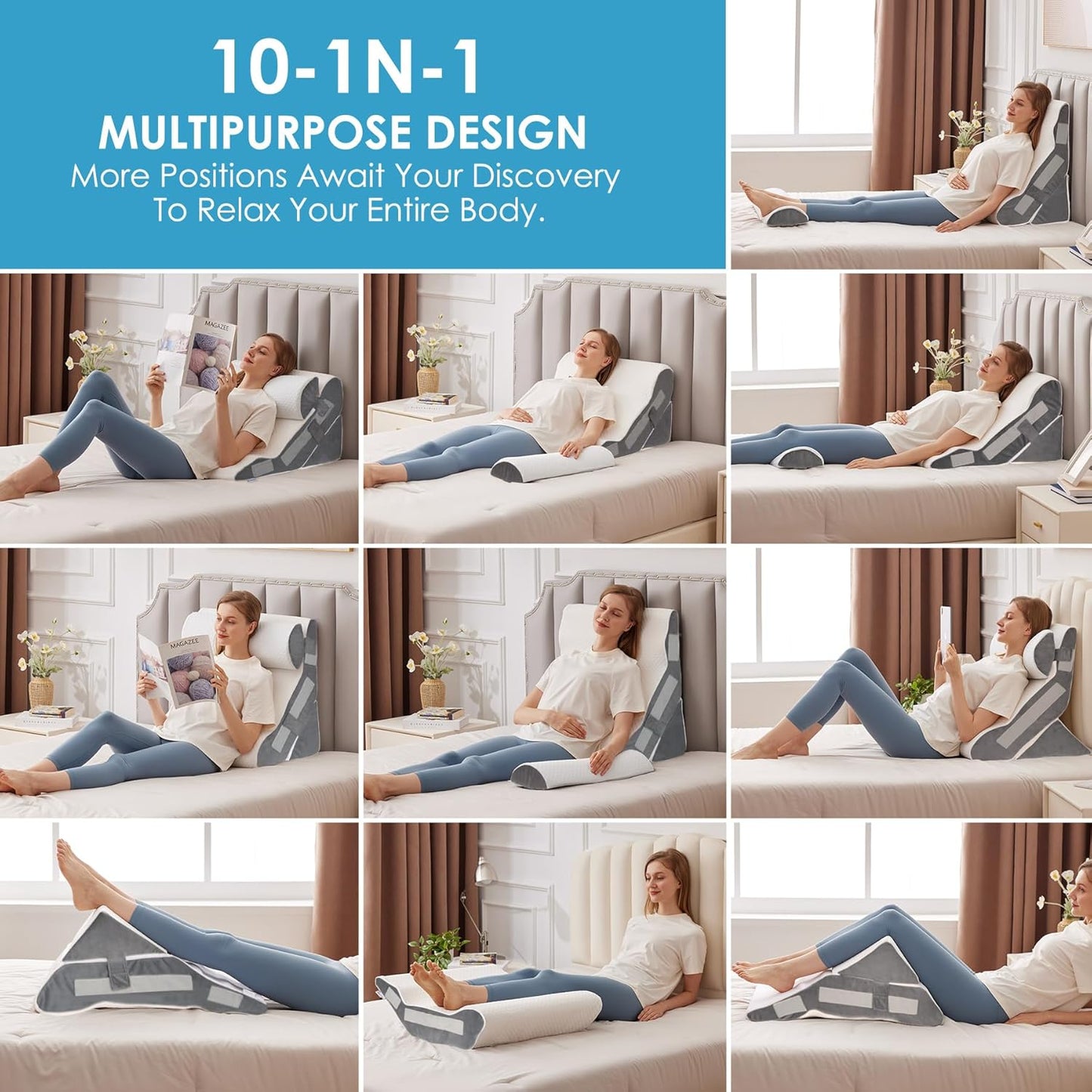 MEGCXIT 3PCS Bed Wedge Pillow for Headboard, Adjustable Wedge Pillow for Sleep Apnea, 23” Wide Triangle Pillow Wedge Set for After Surgery, Acid Reflux Relief, Snoring, Neck&Back Support, White/Grey