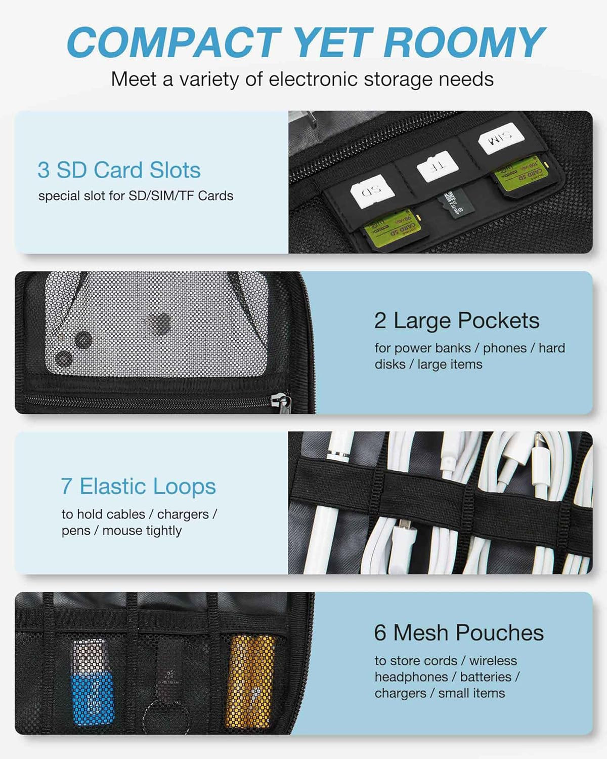 BAGSMART Large Electronics Organizer Travel Case, Travel Cable Organizer Bag for Travel Essentials, Travel Tech Organizer as Travel Accessories, Cord Organizer for Phone, Power Bank SD Card, Blue