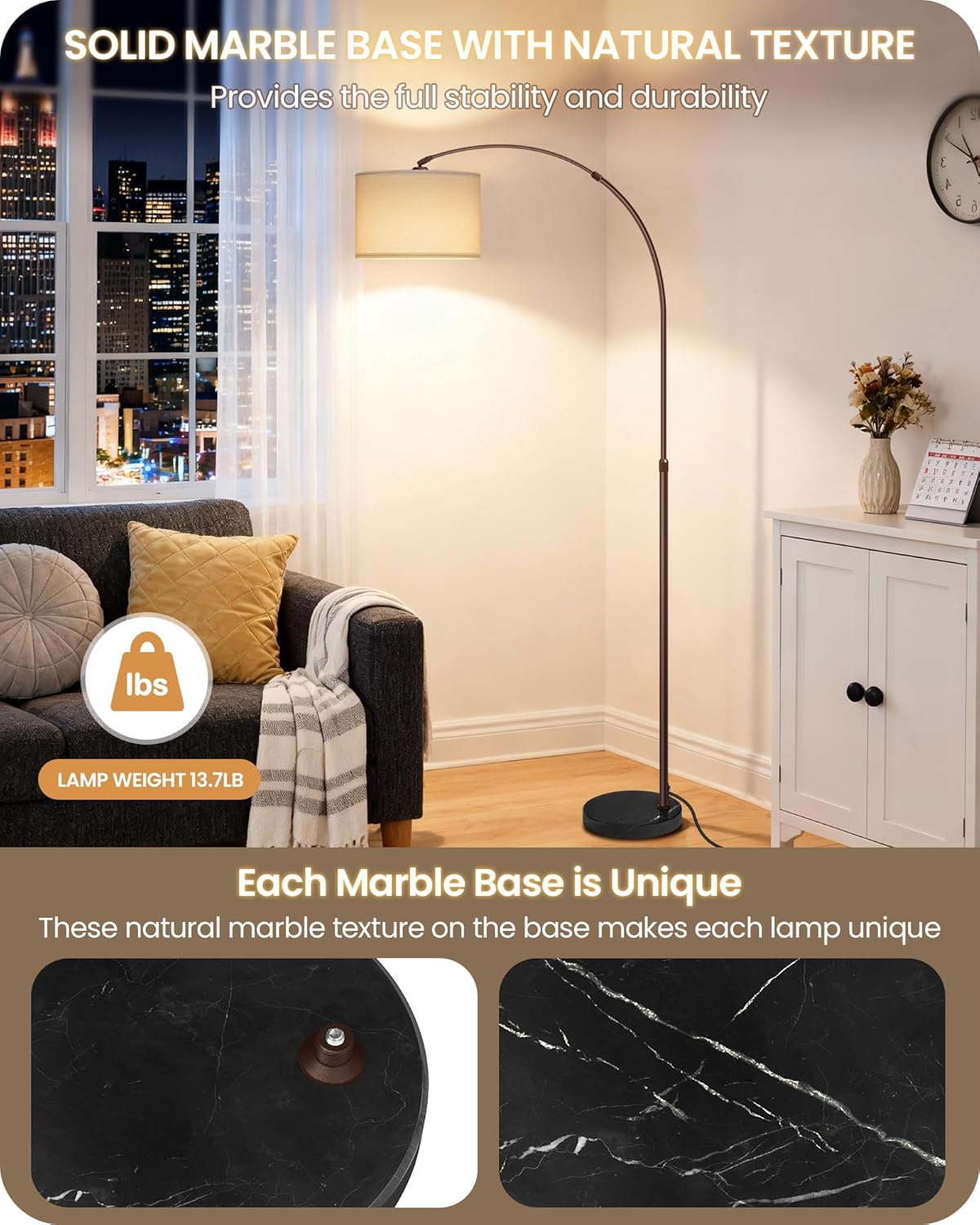 75" Arc Floor Lamp with Marble Base and Adjustable Height, Rotating Hanging Shade, Dimmable Floor Lamp for Living Room with Remote and Foot Switch, 3CCT, Over Couch Arched Light, White Brown VW15LD05