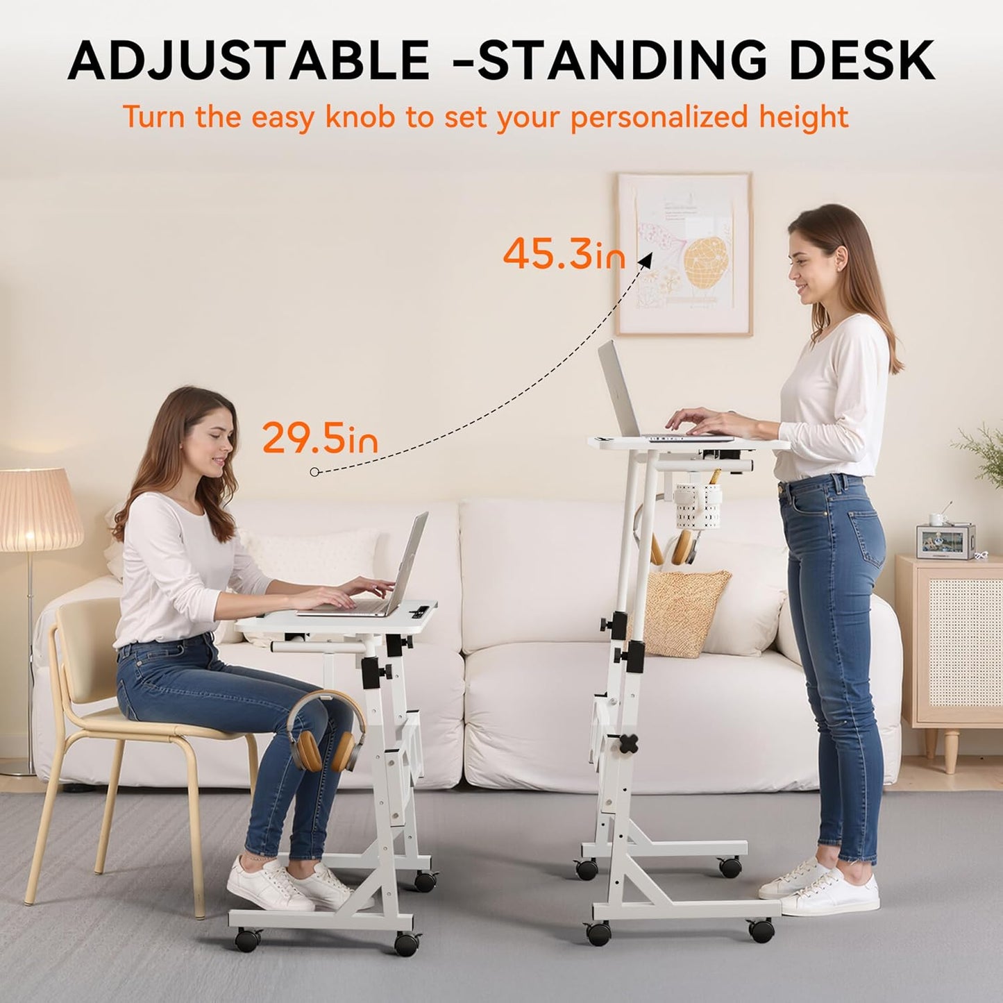 Oransail Small Standing Desk with Wheels, 29.5-45.3 Inch Adjustable Height, Portable Treadmill Desk, Rolling Computer Table for Walking Pad with a Cup Holder and a Hook