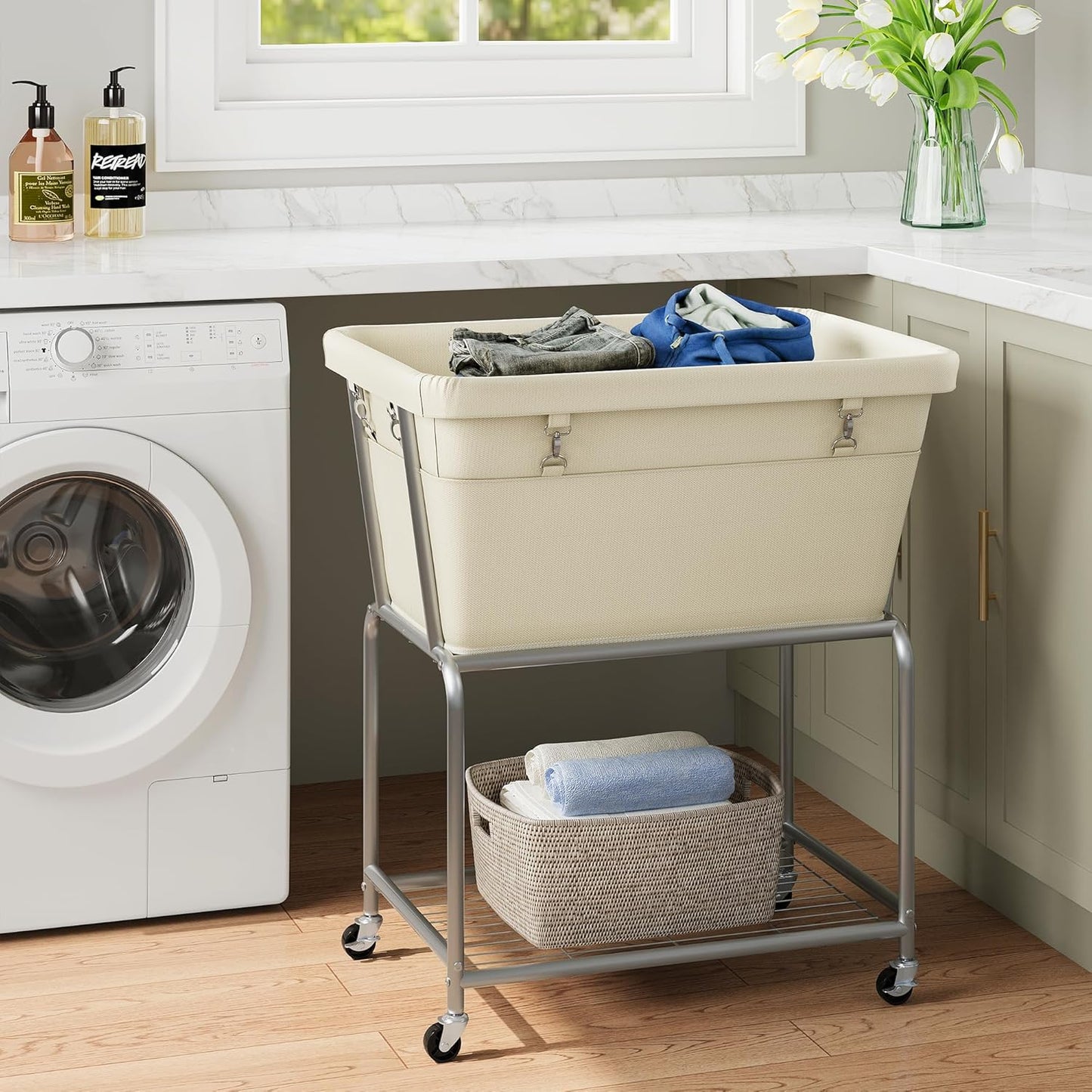 ELYKEN Rolling Laundry Hamper with Wheels, 32-Gallon (122L) Laundry Cart with Removable Bag, 2-Tier Clothes Basket Hamper with Shelf for Closet, Bedroom, Bathroom, Laundry Room, Cream