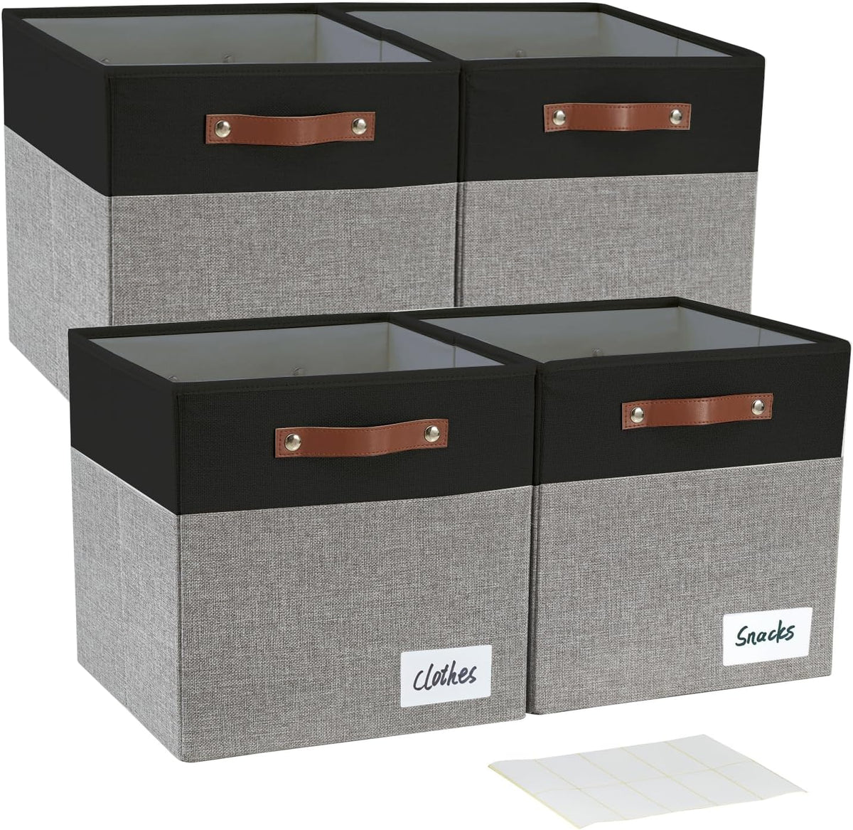 Bagnizer Collapsible Fabric Storage Cube Bins with 2 Reinforced PU Handles, Foldable Storage Organizer Baskets for Closet, Shelves, Living Room | 11"x11"x11", 4 Pack, Gray & White