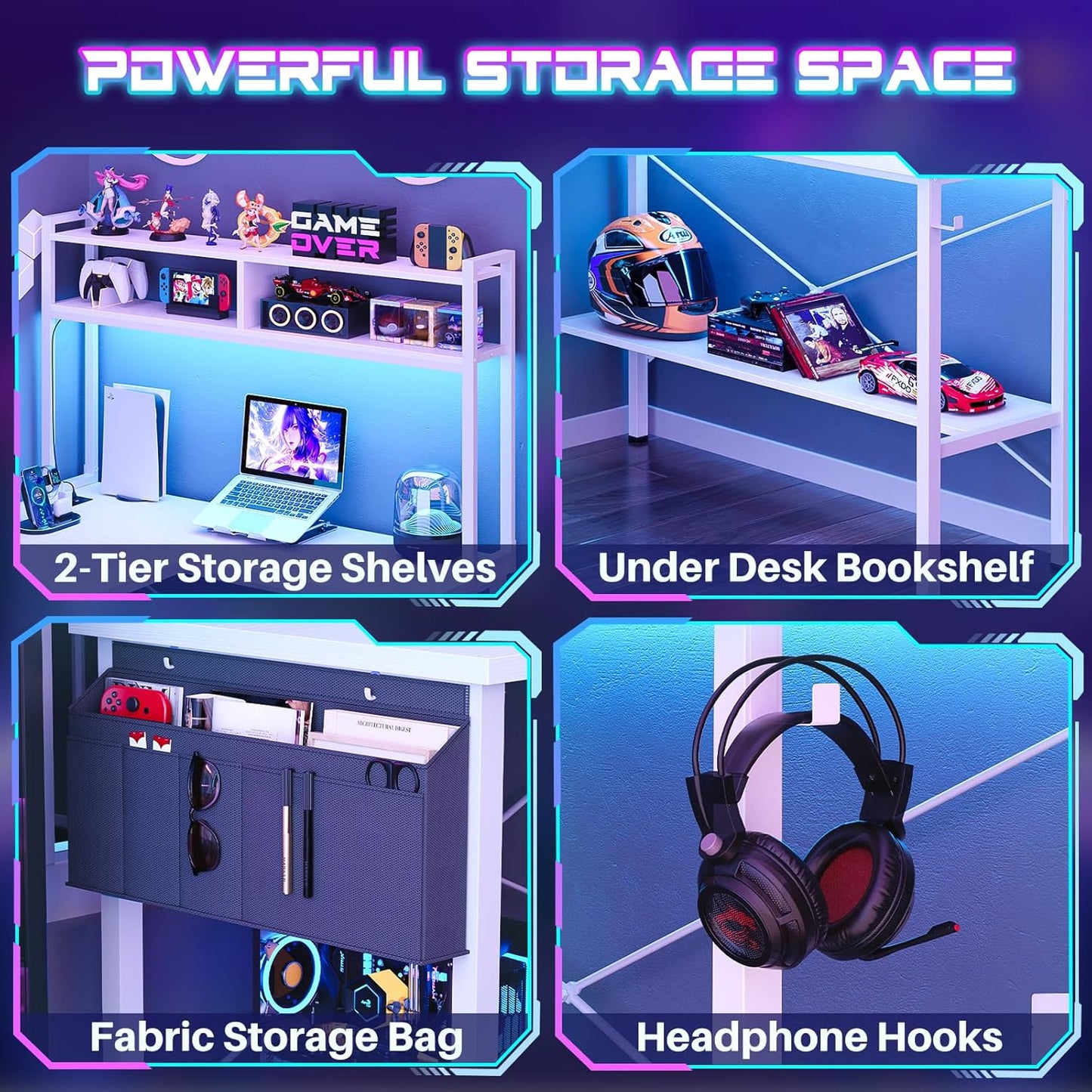 Aheaplus L Shaped Desk Gaming Desk, 59" L Shaped Computer Desk with LED Light & Power Outlet, Reversible Home Office Desk Gamer Desks with Shelves & Storage Bag & Hooks, Corner PC Desk, White