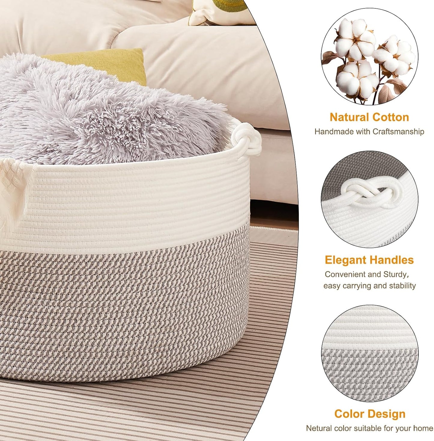 OIASKET Large Blanket Storage Basket for Living Room, 22.8" x 22.8" x 13" Woven Cotton Rope Basket with Handles, Baby Toy Storage, Laundry Hamper for Clothes, Pillows, Towels-Grey and White