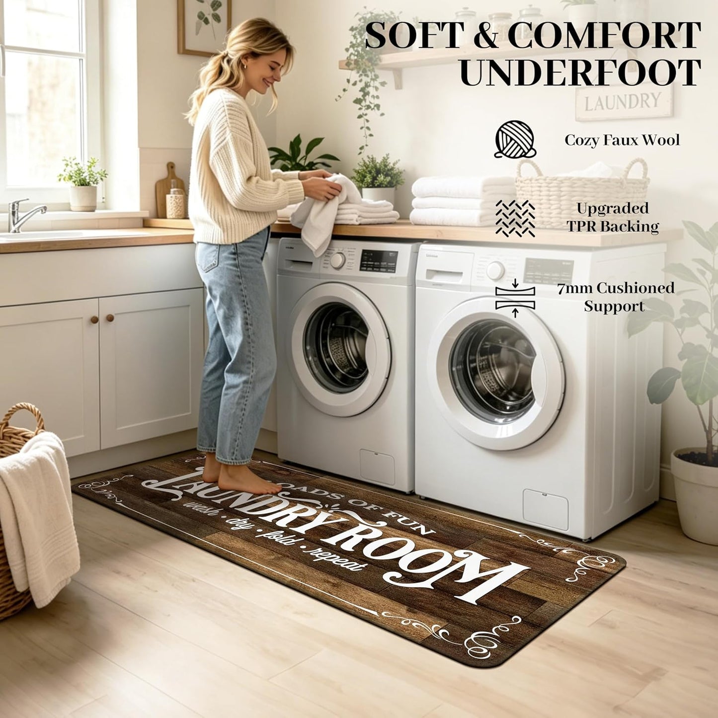 Washable Laundry Room Rug Runner, 20"X47" Non Slip Laundry Mat Soft Low-Pile Farmhouse Decor Area Rug for Entryway Hallway Kitchen Bathroom Brown