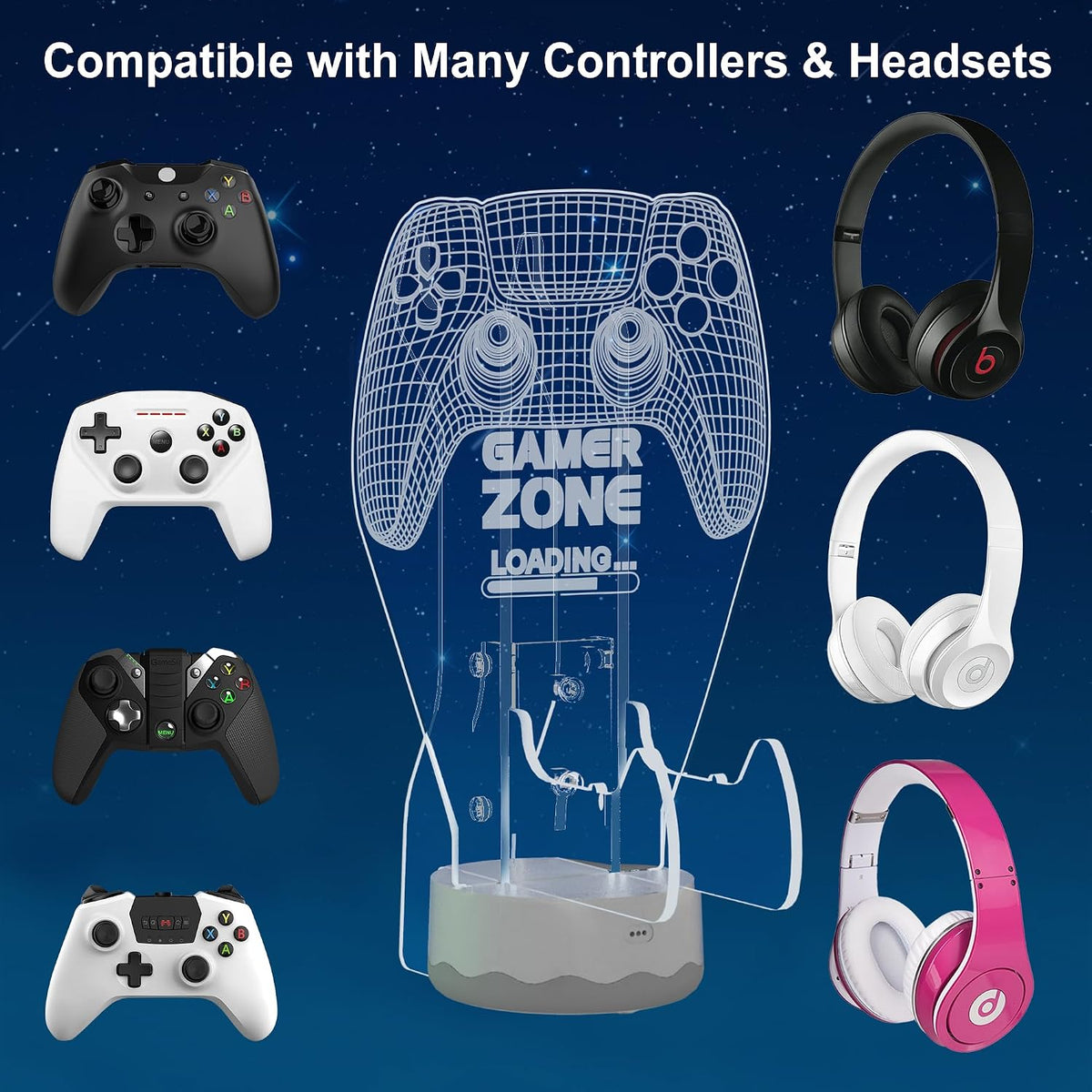 CoolGift Mart Light up Headset and Controller Stand, 16 Colors 3D LED Lights Gamepad Headphone Holder with Remote Control, Game Controller Hanger for All Universal Gaming PC Accessories