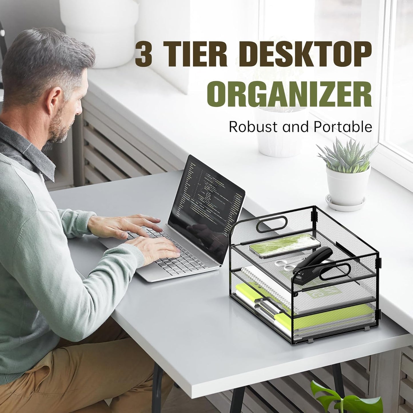 DALTACK 3 Tier Paper Organizer with Handle, Mesh Metal Desk Organizer with Sliding Paper Trays for Letter/A4 Paper, Mail, Bills & Folders, Black 2 Pack