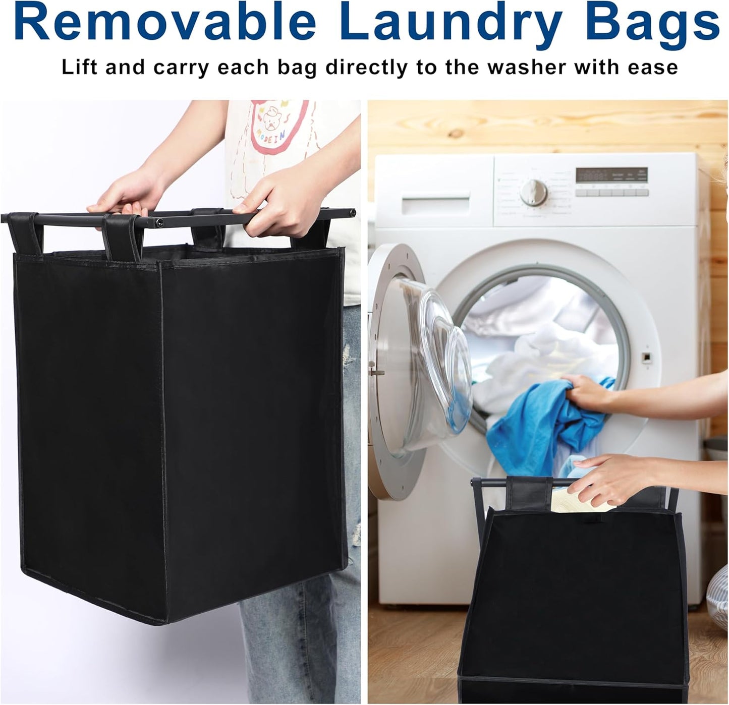 Whitmor Laundry Sorter, 138L Laundry Hamper with Shelf & 3 Removable Bags, 3 x 12.1 Gallons (46L), 36.4 x 13 x 28.4 Inches, Dirty Clothes Hamper Organizer for Laundry Room, Bathroom, Dorm, Black