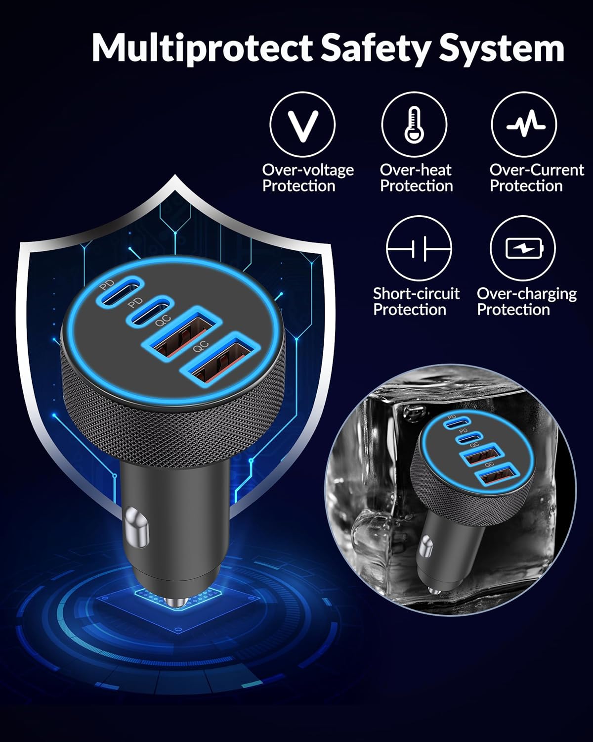 iPhone 17 16 15 Car Charger Fast Charging, 90W 4-Port USB C Fast Car Charger Cigarette Lighter Adapter with 240W 3FT USB-C Cable for iPhone 17/Air/17 Pro/17e/16/15 Pro Max/Plus/16e, iPad, Android