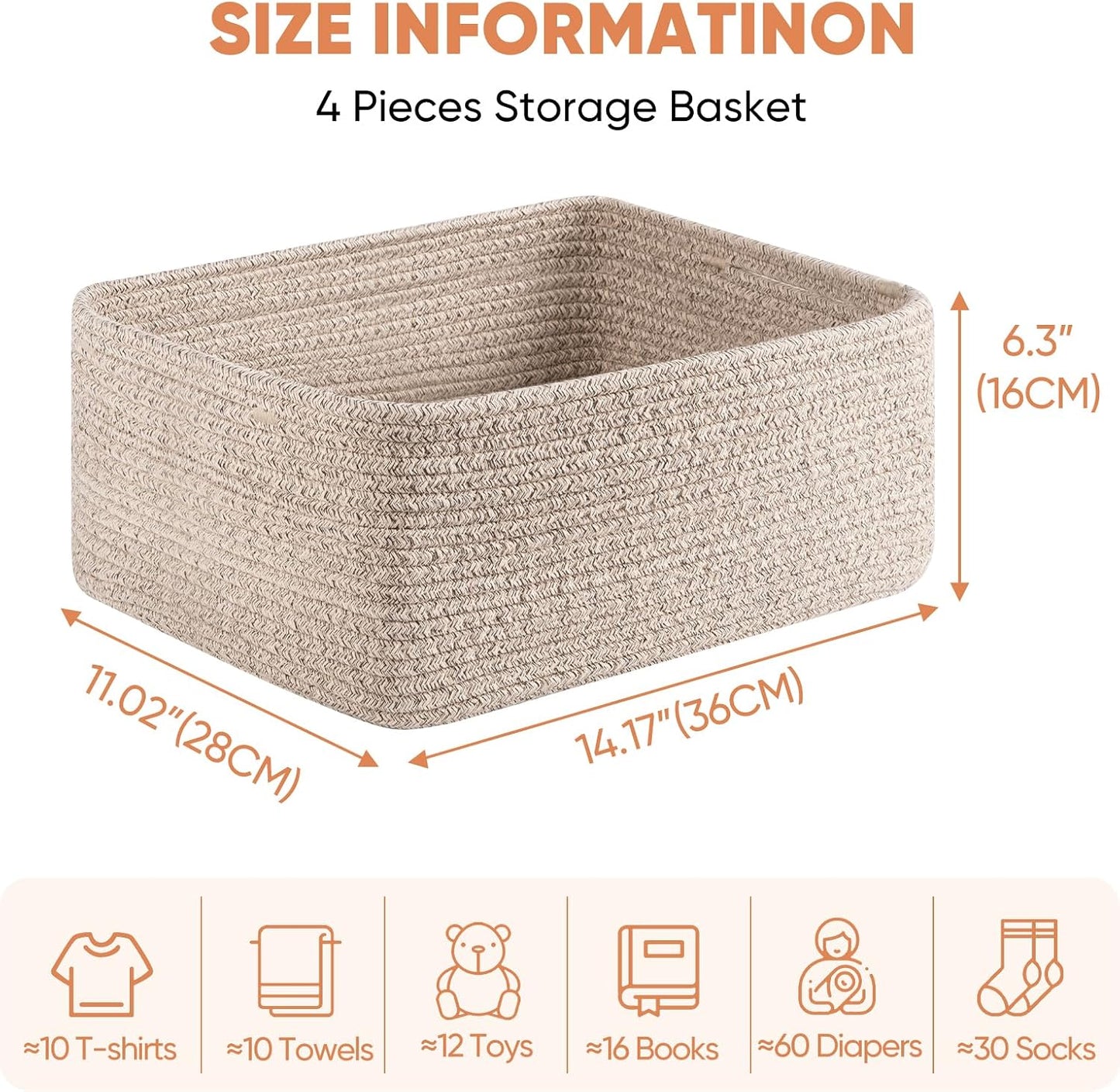 OIAHOMY 4 Pack 14.17 * 11.02 * 6.3IN Storage Baskets for Organizing Shelves, Woven Rope Baskets for Organizing Books, Clothes, Decorative Basket for Living Room, Nursery, Bedroom, Gift Basket, Brown