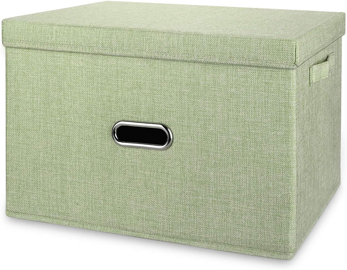 Large Linen Fabric Foldable Storage Bins with Removable Lid and Handles, Washable Storage Box Organizer Containers Baskets Cube with Cover for Bedroom,Office(Cream, Large(2-Pack))