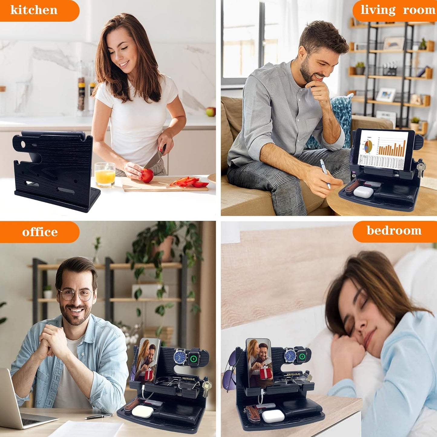 VEIYAILU Gifts for Men Dad Women Husband Boyfriend Him Nightstand Organizer for Men Wood Phone Docking Station Birthday Gifts (Black)