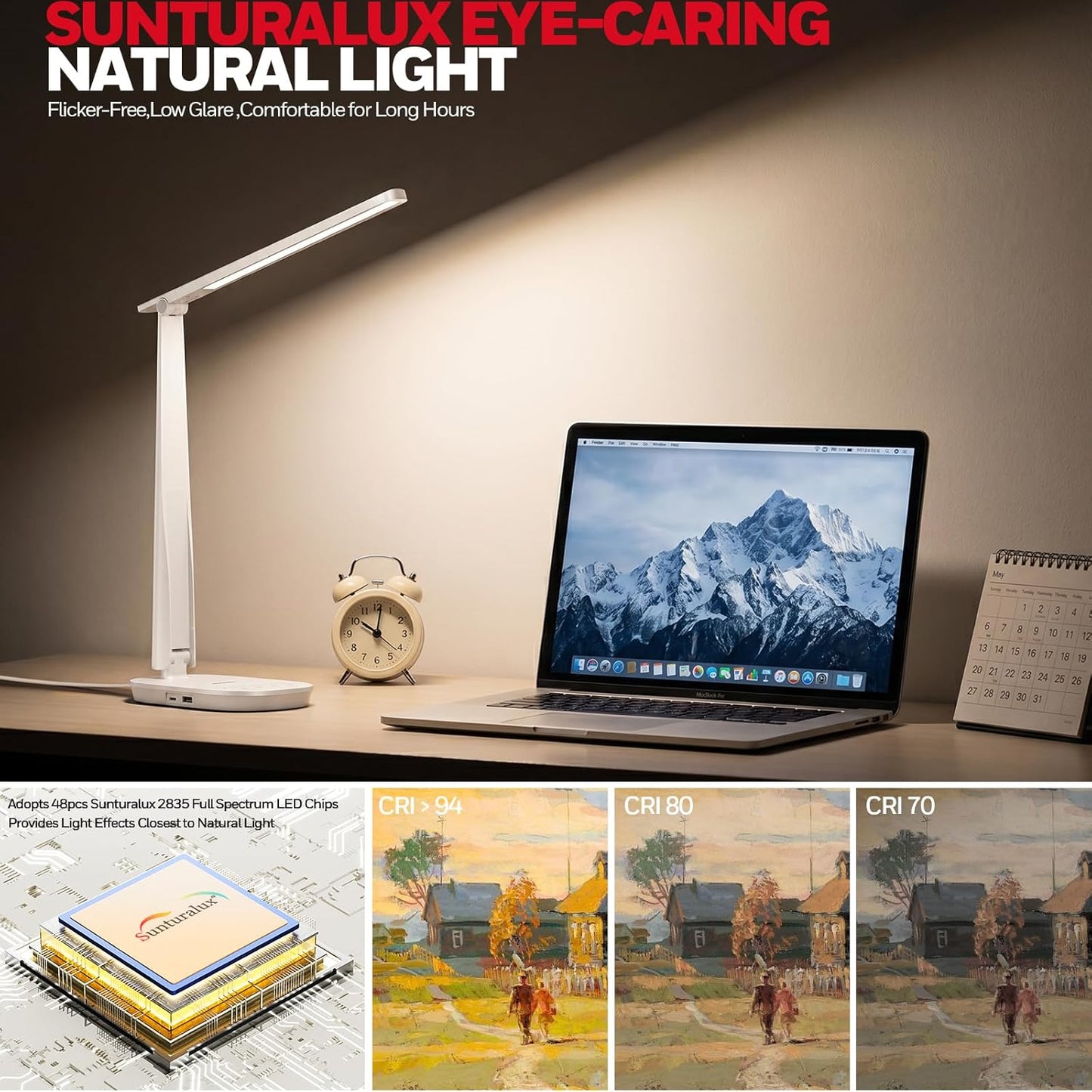 Honeywell LED Desk Lamp for Home Office, Eye-Caring Dimmable Reading Light with 4 Color Modes, Touch Control, USB-A & USB-C Charging Ports, Adjustable Head, Timer for Bedroom & Small Desks