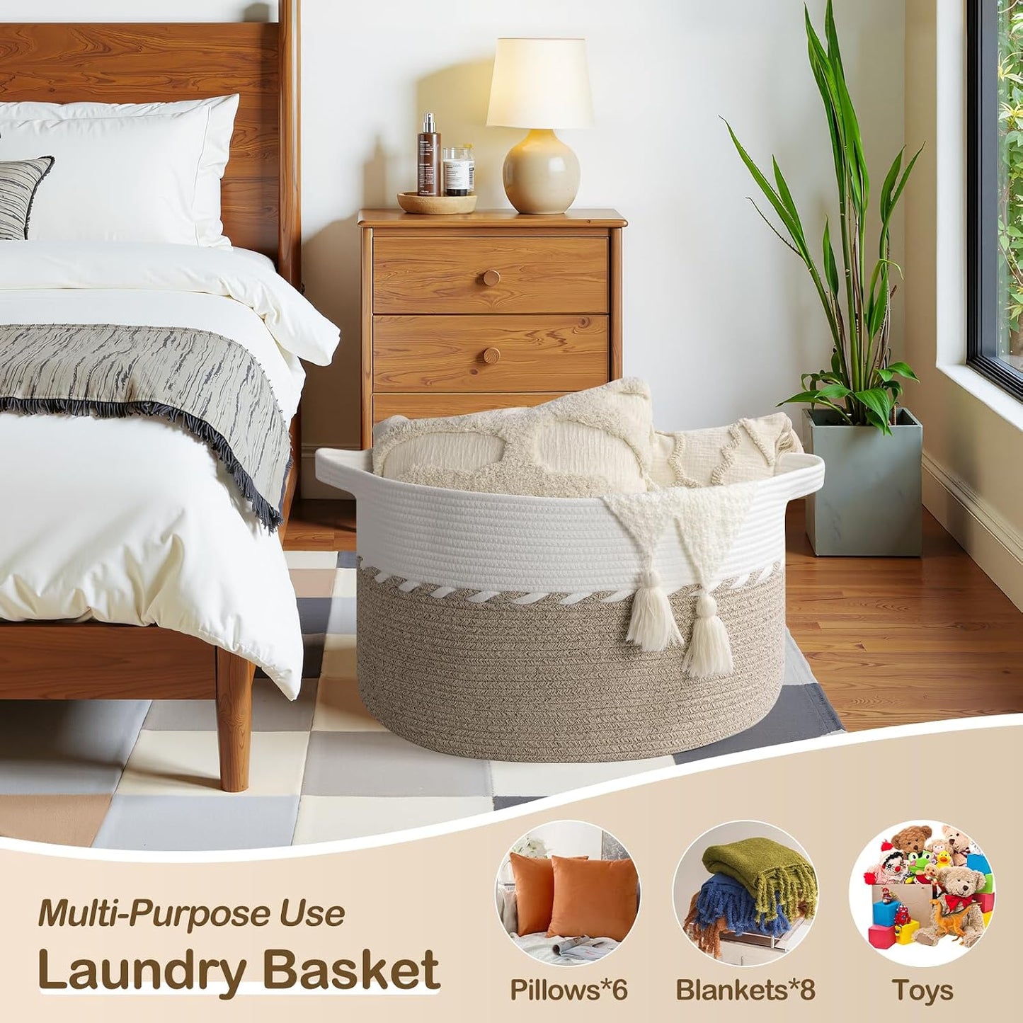 OIAHOMY 105L Extra Large Blanket Basket - Decorative Cotton Rope Storage Basket for Bedroom, Living Room & Nursery - Woven Laundry Hamper for Organizing Blankets, Clothes & Toys - Light Brown & White