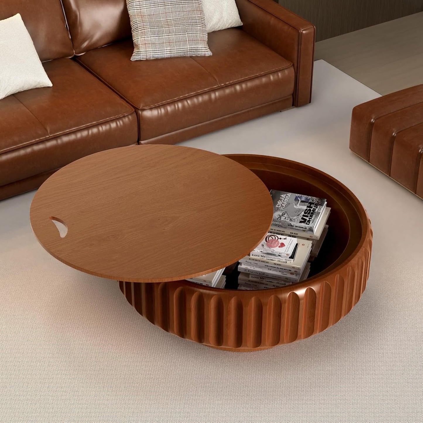 Round Coffee Table with Storage (Brown 31.5") | Handcraft Fluted Drum, Modern Circle Wooden Coffee Table, Cocktail Table for Living Room, Home Office Apartment