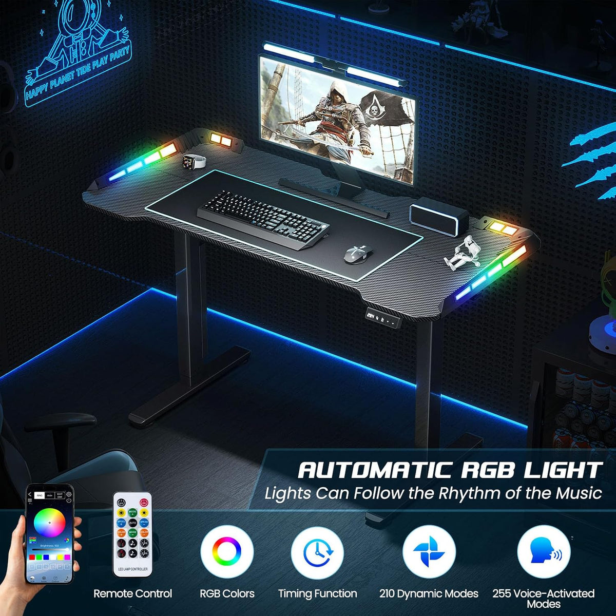 Flycity Gaming Standing Desk with LED Lights & APP Control, 48" x 24" Gaming Table with Music Sensing, Underdesk Cable Storage Electric Standing Desk, Black Carbon Fiber PC Desk for Home Office