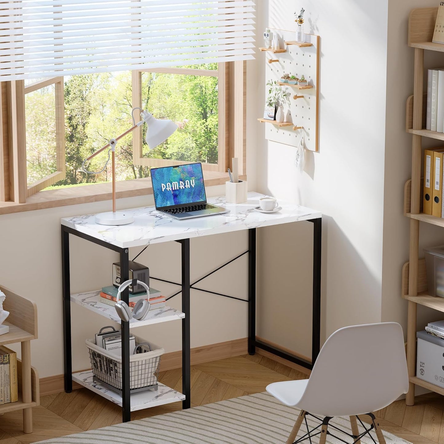 Pamray 32 Inch Small Computer Desk with Shelves, Home Office Desk with Headphone Hook for Bedroom, Study Writing PC Table for Small Spaces, Marble