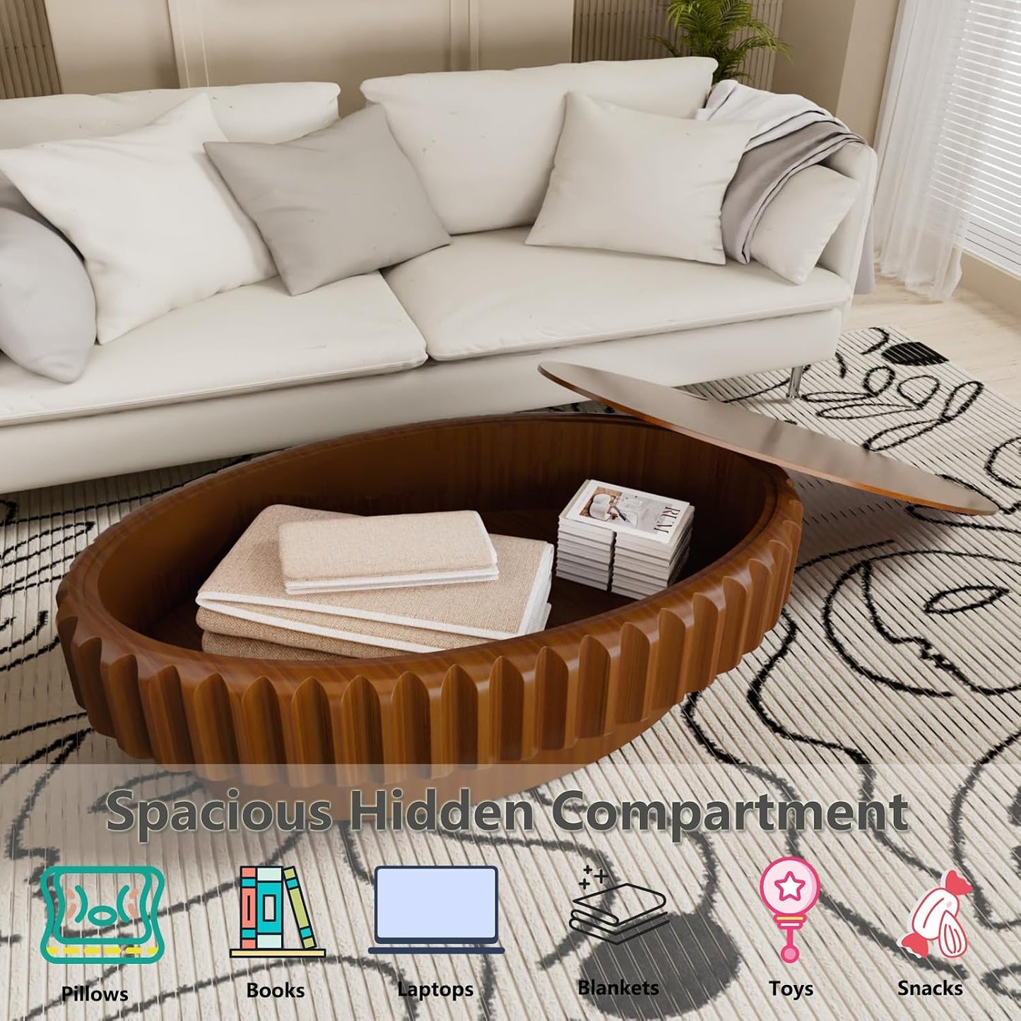 Oval Fluted Coffee Table with Storage Handcraft Drum Coffee Table with Sturdy Pedestal, Farmhouse Mid Century Modern Center Tables for Living Room Reception Room (O)