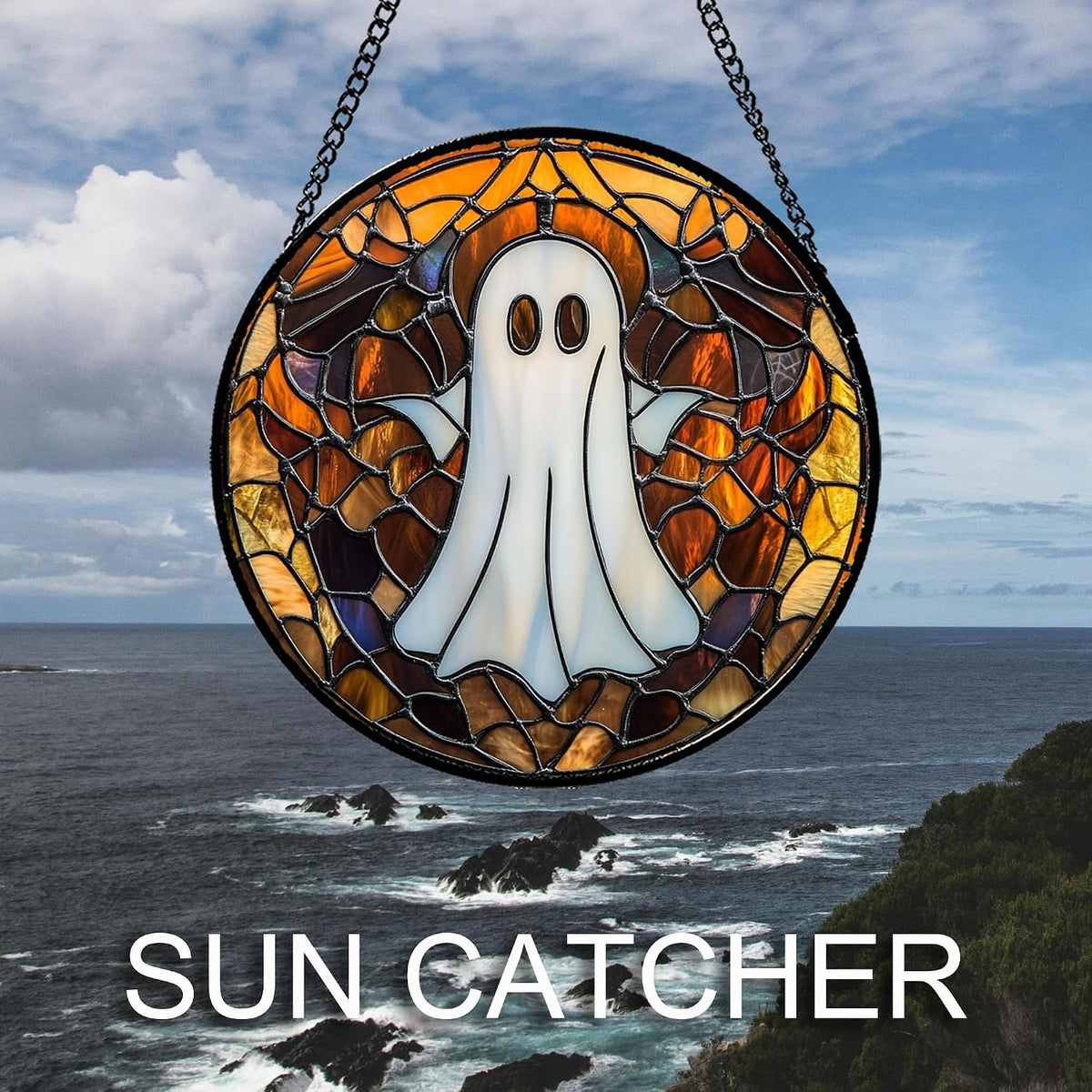 DASTOLL Stained Glass Window Hanging Halloween White Horror Ghost Large 11.8" - Suncatcher Door Garden Kitchen Sun Catcher Home Gothic Decor Birthday for Mom Men Woman Friend Grandma