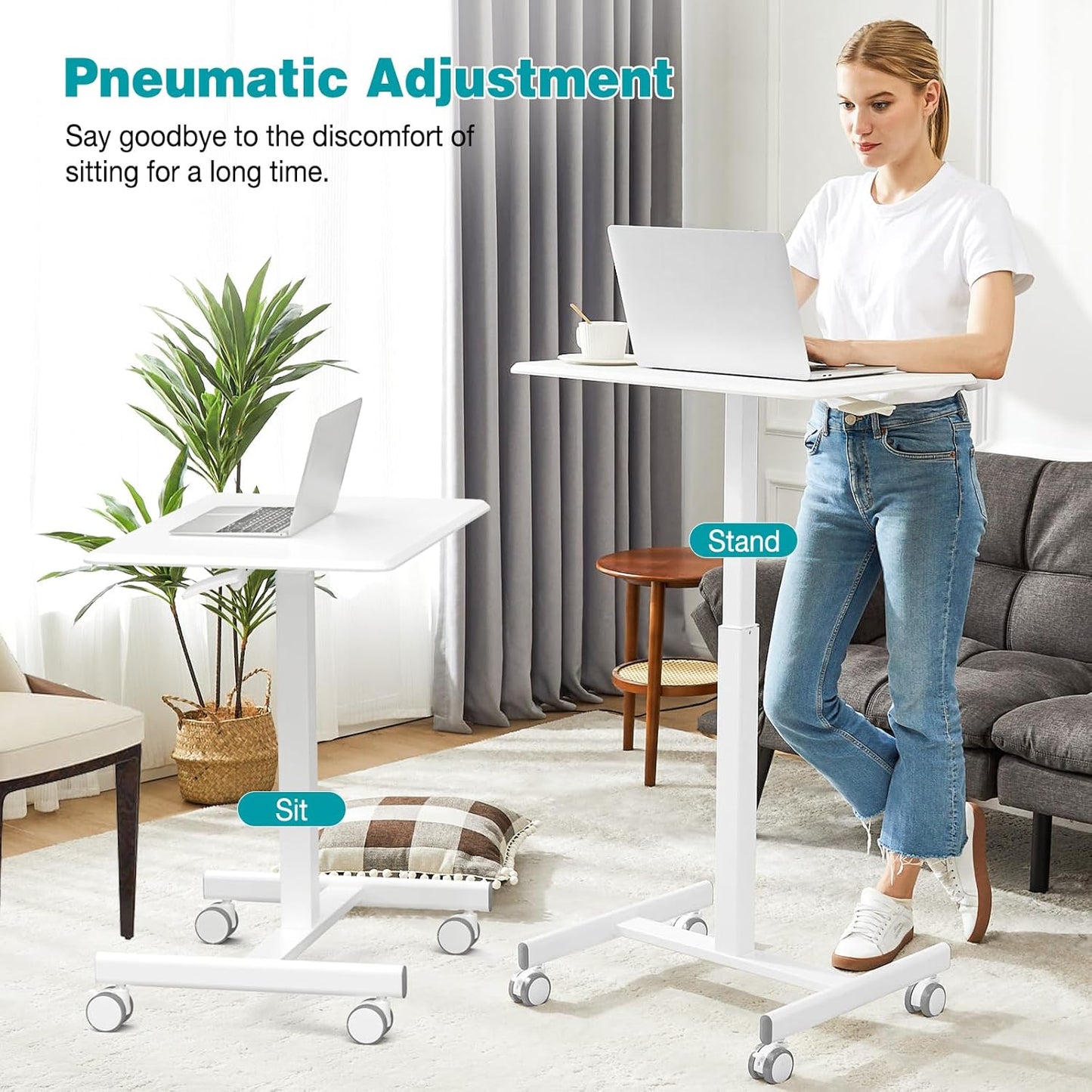 DUMOS Small Rolling Desk Mobile Standing Portable Laptop PC Table with Wheels Adjustable Height Computer Workstation for Home Office, Space Saving Desk for Bedroom Study Use, White