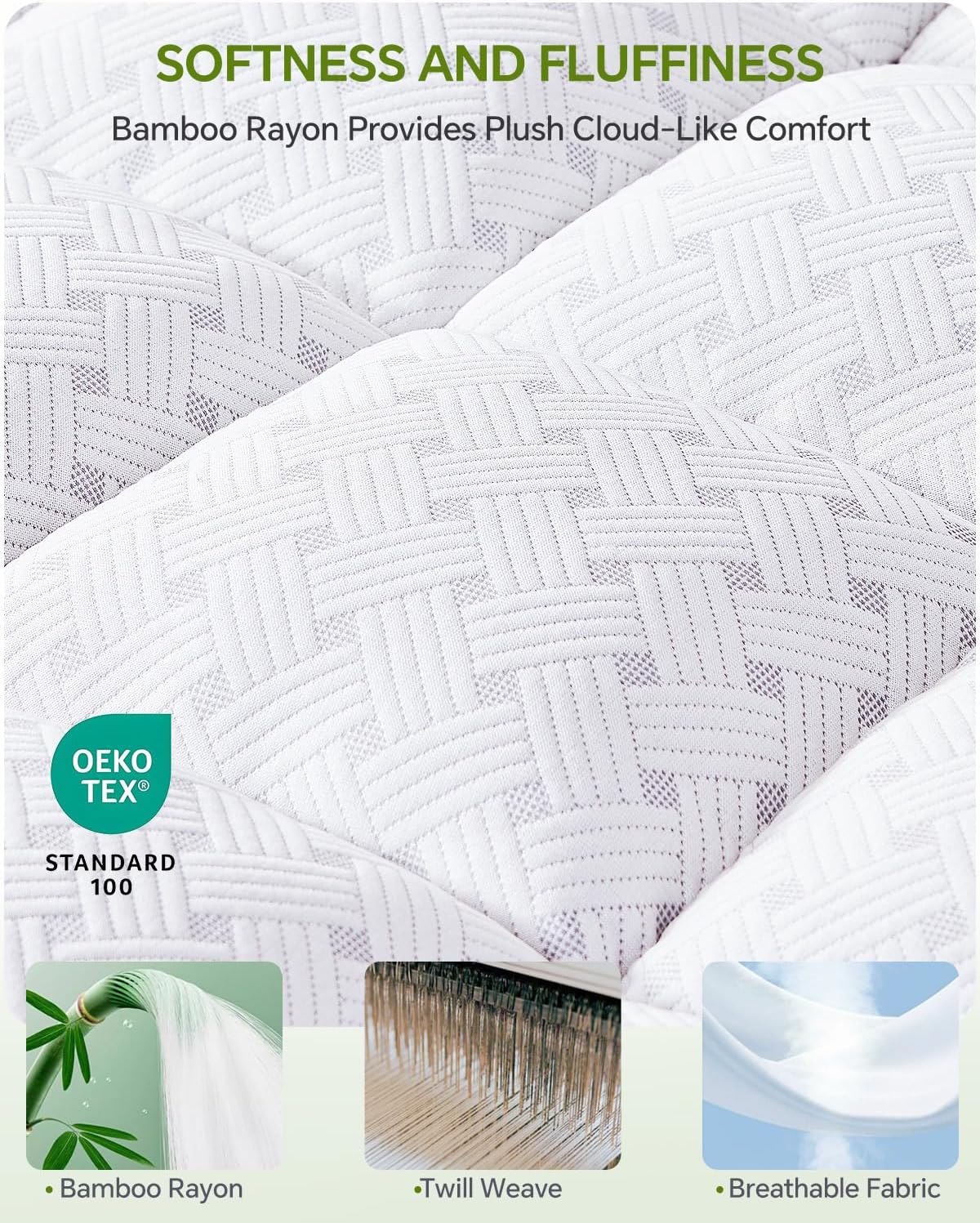 Queen Mattress Topper,3 Inch Thick Pillow Top Mattress Pad,Bamboo Rayon Breathable Cover,Soft Queen Size Shredded Memory Foam Fill Bed Topper for Comfort Sleep Full Support Pressure Relief