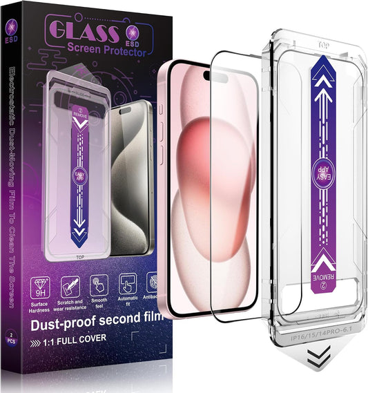 2 Pack Screen Protector Tempered Glass for iPhone 16 for iPhone 15 for iPhone 14 Pro 6.1-Inch Auto Dust Removal, No Bubbles, High Definition Clear, Easy Installation