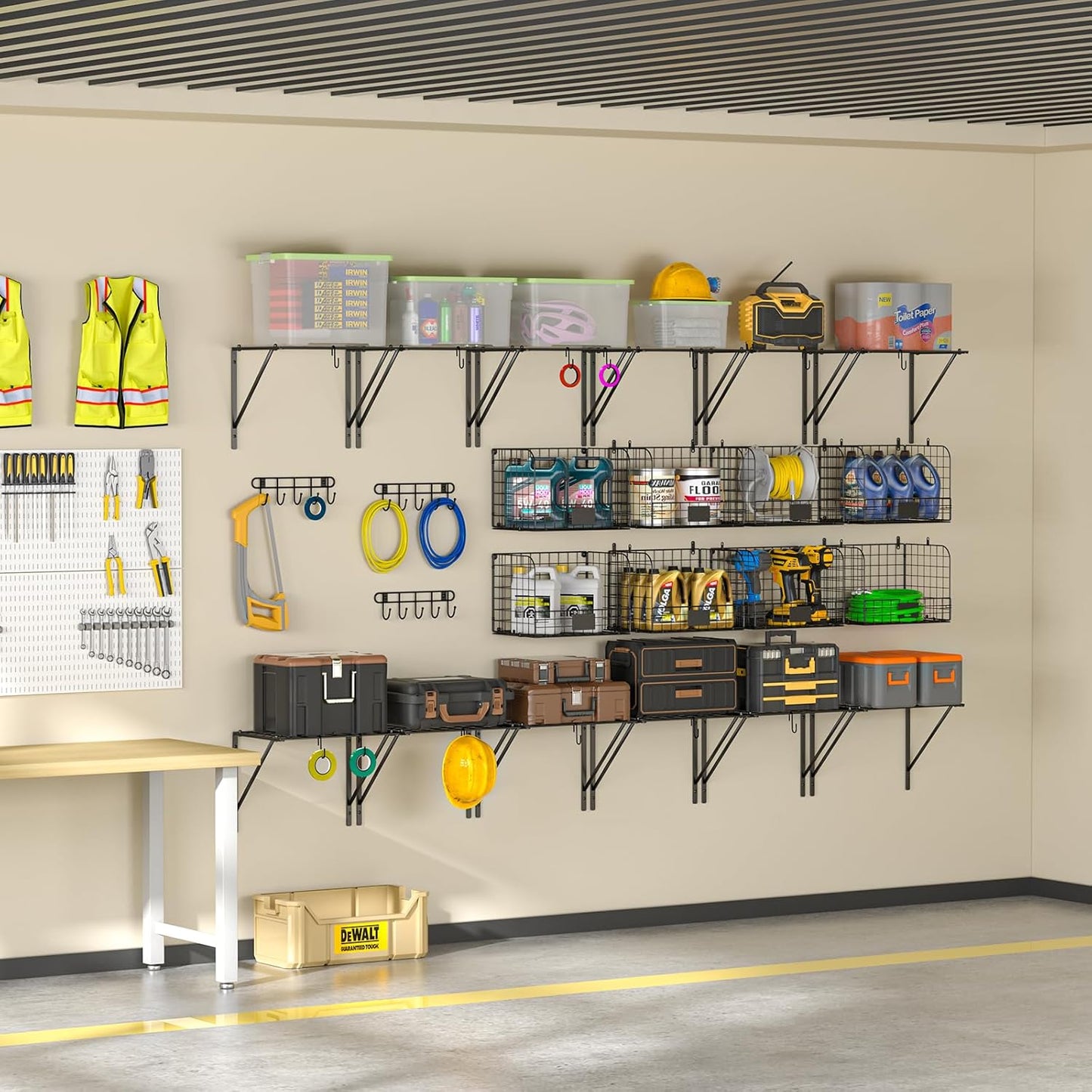 ThreeHio 2 Pack Garage Shelves Wall Mounted with Wire Baskets, Heavy Duty Garage Wall Shelving with Hooks, Wire Shelf Baskets Tool Organizer for Home Garden Garage Organization and Storage