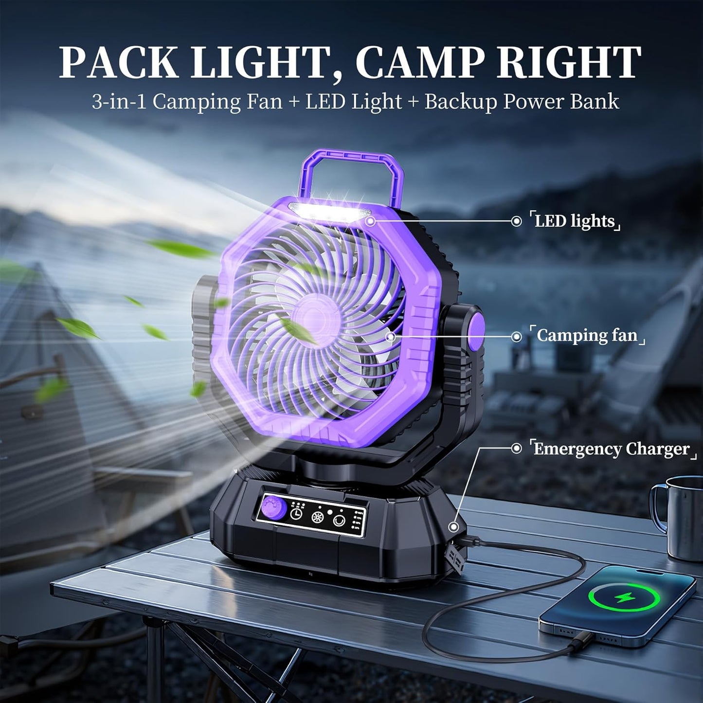 AJVV Camping Fan, Oscillating Battery Powered Portable Rechargeable Hanging Tent Fan with Light and Remote for Camp, Outdoor, Emergency Power Outage, Fishing, RV Travel, Violet