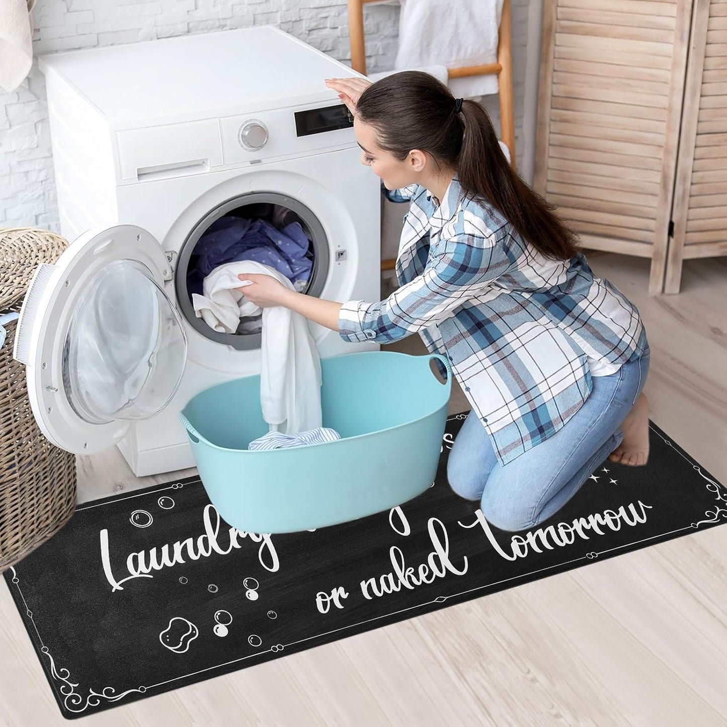 XLHOMO Laundry Room Rug Runner, 17"x60" Non Slip Nappa Leather Laundry Rugs, Black Farmhouse Washable Floor Laundry Mats for Laundry Room, Kitchen, Washroom, Bathroom, Mudroom, Hallway Entryway Decor