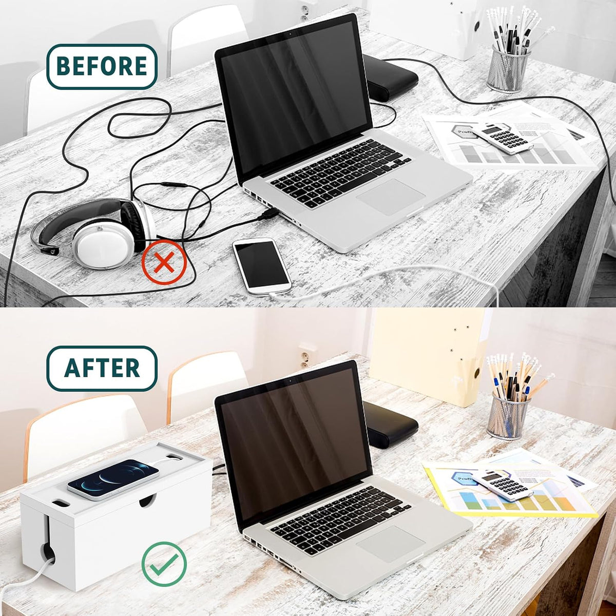 Bamboo Cable Management Box, Large Cord Organizer Box Cable Box to Hide Wires & Power Strips for Desktop Storage Cord Holder for Office Home,No Assembley Required (All White, 1Medium)