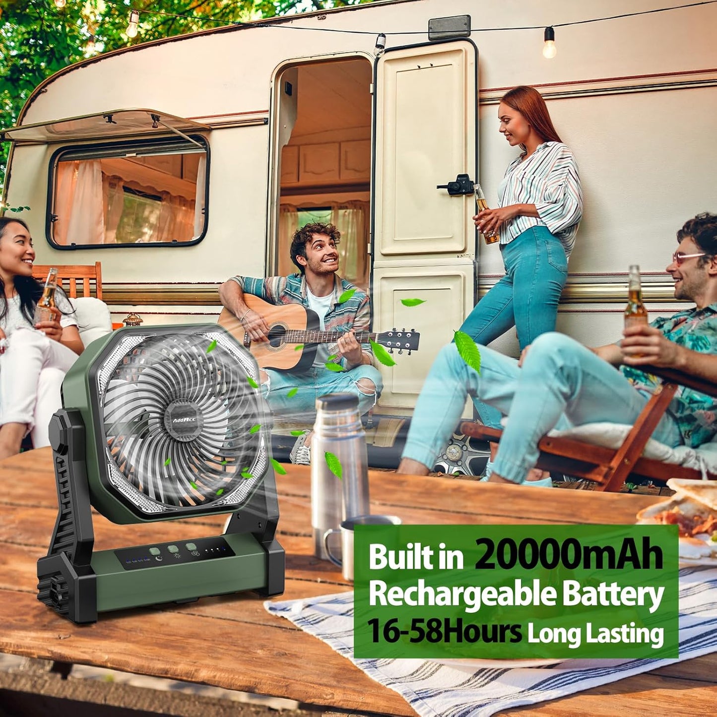 20000mAh Battery Powered Camping Fan, 58Hrs Rechargeable Portable Fan, 400LM Light, 360° Hook, Whisper Quiet Battery Operated Fan for Outdoor Car Travel Gear Essentials Power Outages Co-brand AMACOOL
