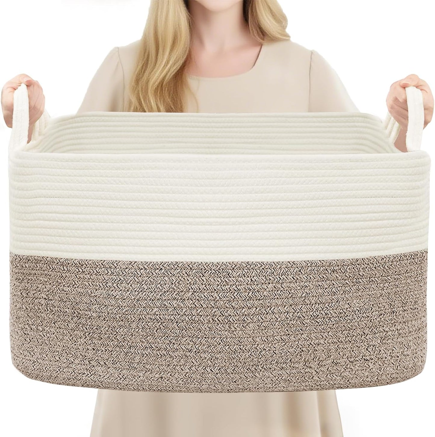 YOUDENOVA Large Blanket Basket, Rectangle Cotton Rope Storage Baske | Nursery Laundry Hamper for Storage Clothes Organizing, 21.6''×14.9''×11.8'' Woven Basket, Dirty Clothes Organizer Bins