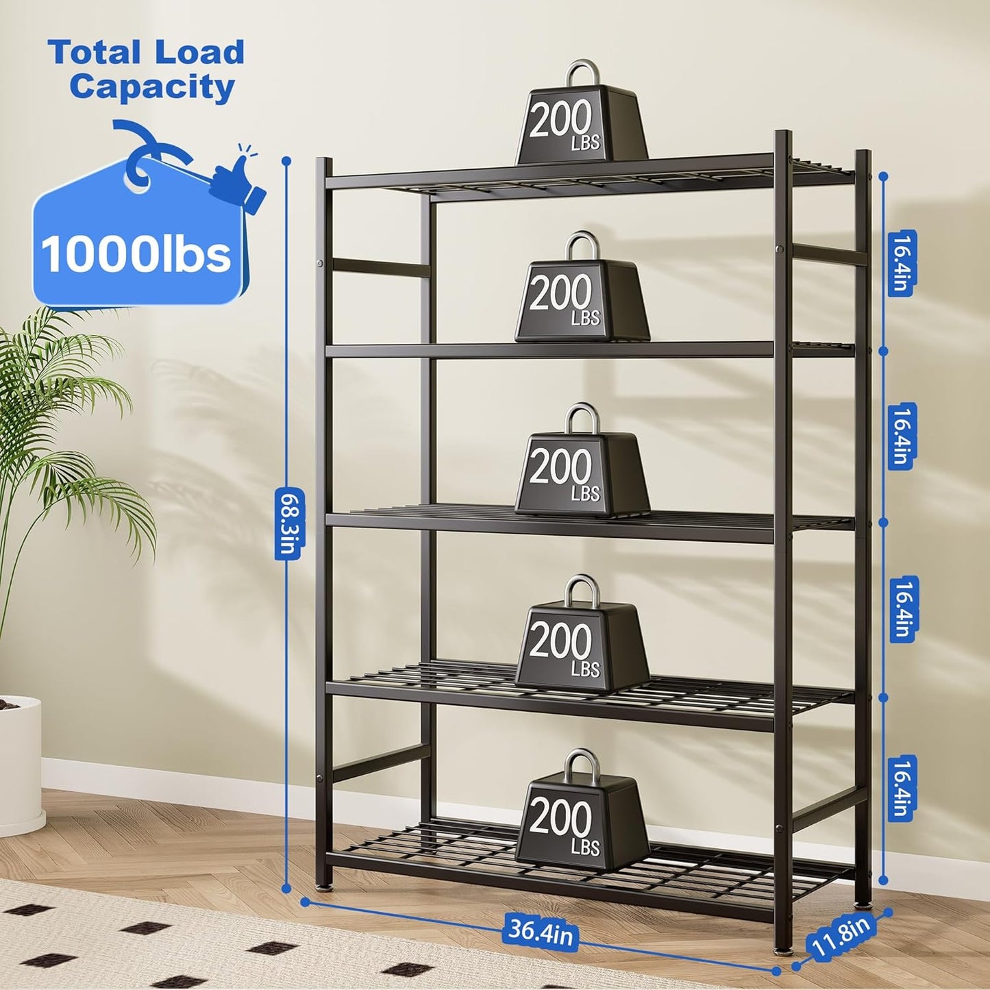 Storage Shelves, 5-Tier Metal Shelving Unit with Adjustable Feet, Shelf Organizer for Garage, Kitchen, Pantry and Closet Organization, 36.4" x 11.8" x 68.3", Black