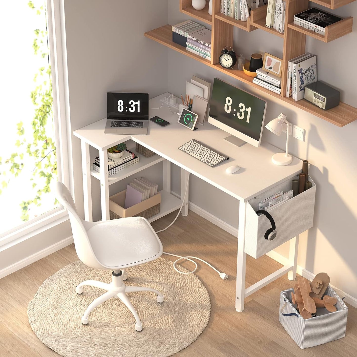 Lufeiya White L Shaped Computer Desk with Power Outlet Shelves, 40 Inch Small Reversible Corner Desk for Small Space Home Office, L-Shaped Desk PC Desks, White
