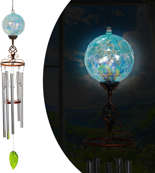 Wind Chimes, Solar LED Outdoor Garden Lighting, Light Biue Glass and Metal Wind Chime Lawn and Yard Decoration with Bronze Metal Finial, 5 x 46.5 Inch (Light Blue)