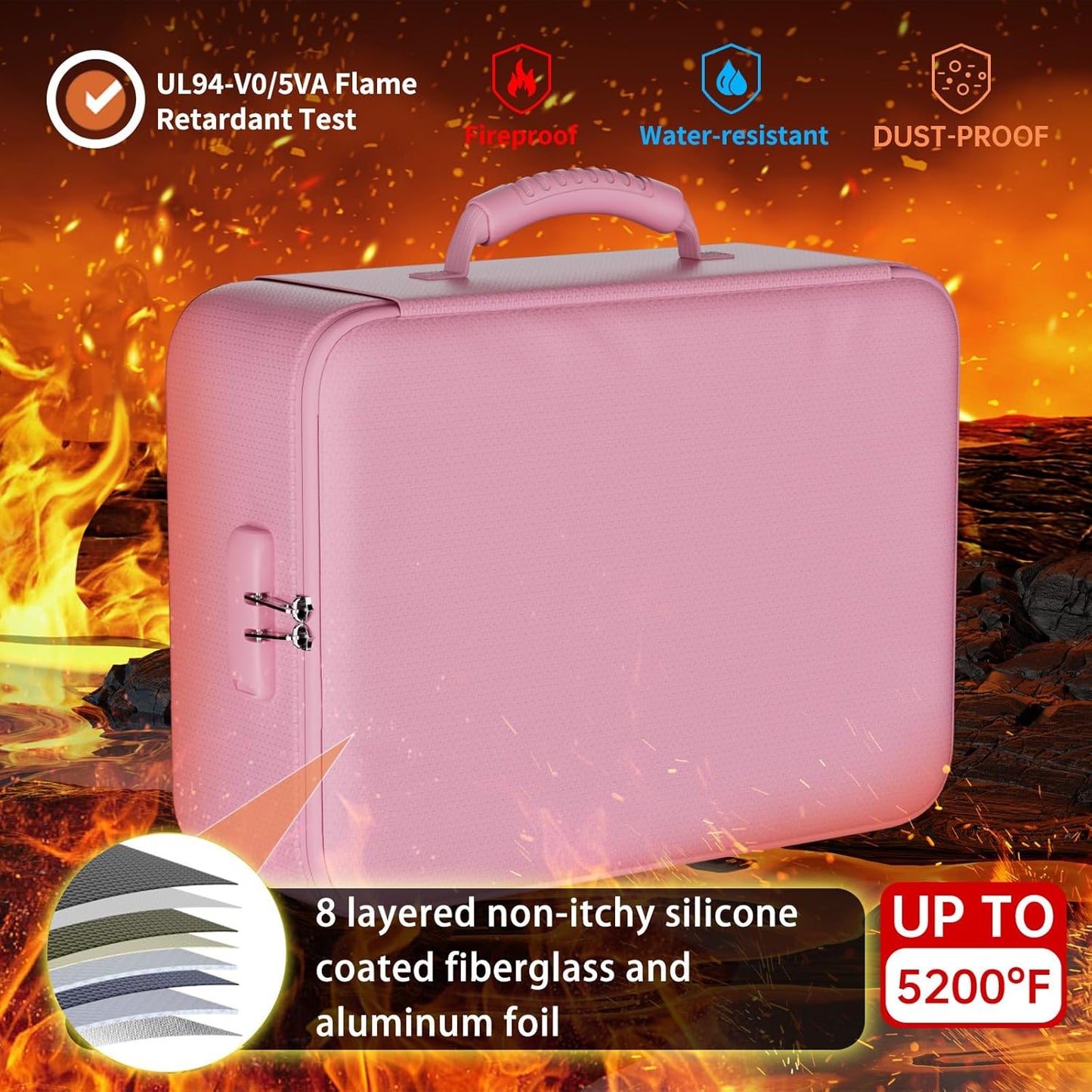 DocSafe 5200°F Document Organizer with Lock,Upgraded Heat Insulated Fireproof＆Waterproof Box 8 Layers File Organizer,Portable Home Travel Safe Storage for Important Documents, Files,Pink (Soft)