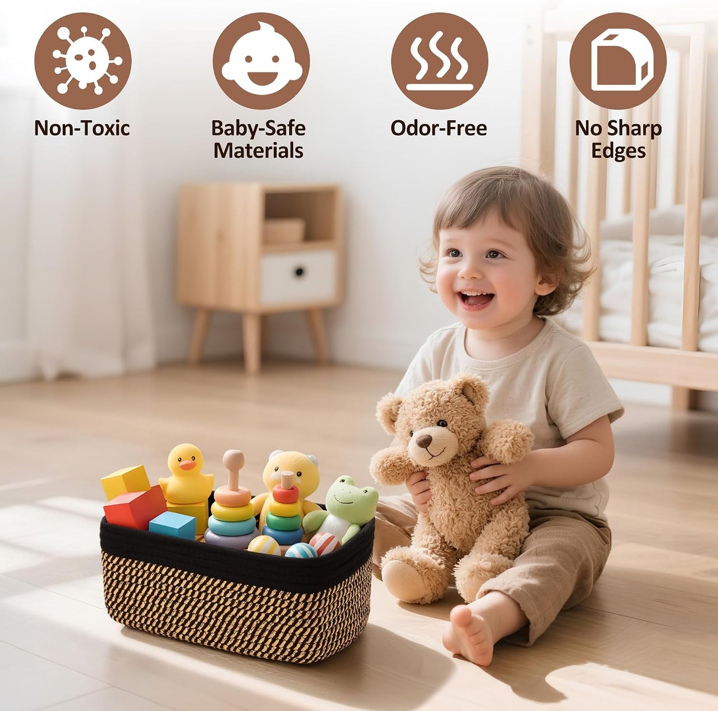 5-Pack Small Woven Rope Storage Baskets, 2 Sizes Organizer Bins | Fabric Cube Boxes and Rectangular Shallow Bins for Closet, Shelf, Bookshelf, Nursery, Changing Table, Bathroom, Toys & Home
