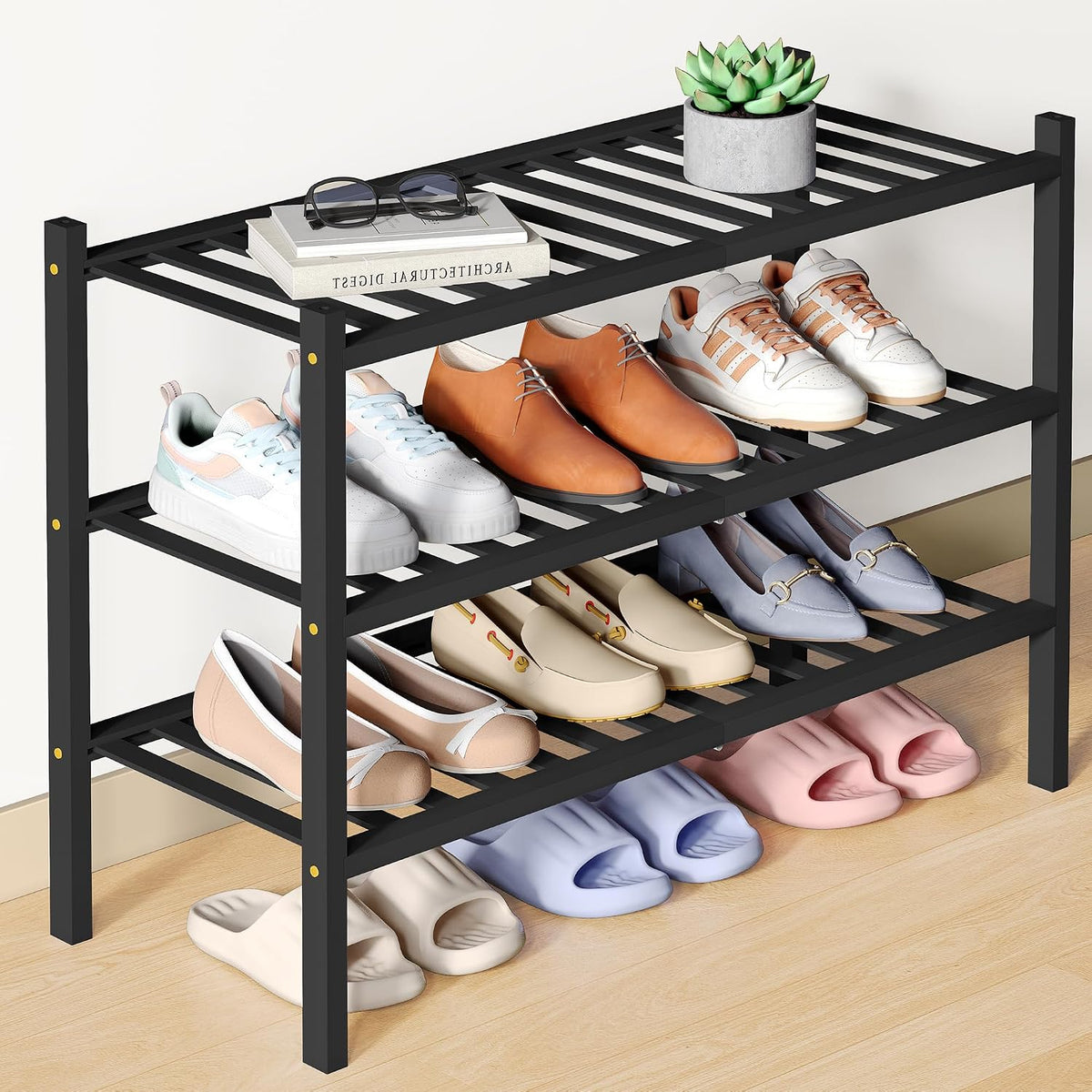 Smiry Bamboo Shoe Rack for Closet, 3 Tier - 26.77" Wide, Black