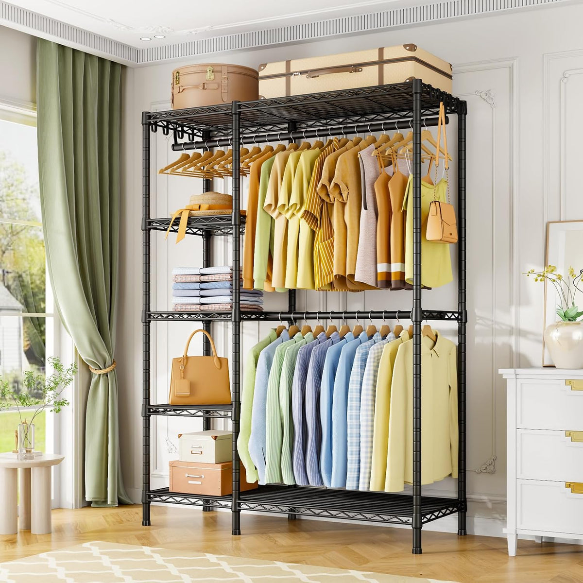 Ulif F2 Clothes Rack, 5 Tiers Heavy Duty Garment Rack for Bedroom | Freestanding Adjustable Closet Storage Organizer, Portable Clothing Wardrobe, 46.1"W x 15.4"D x 78.3"H, Load 630lbs, Black